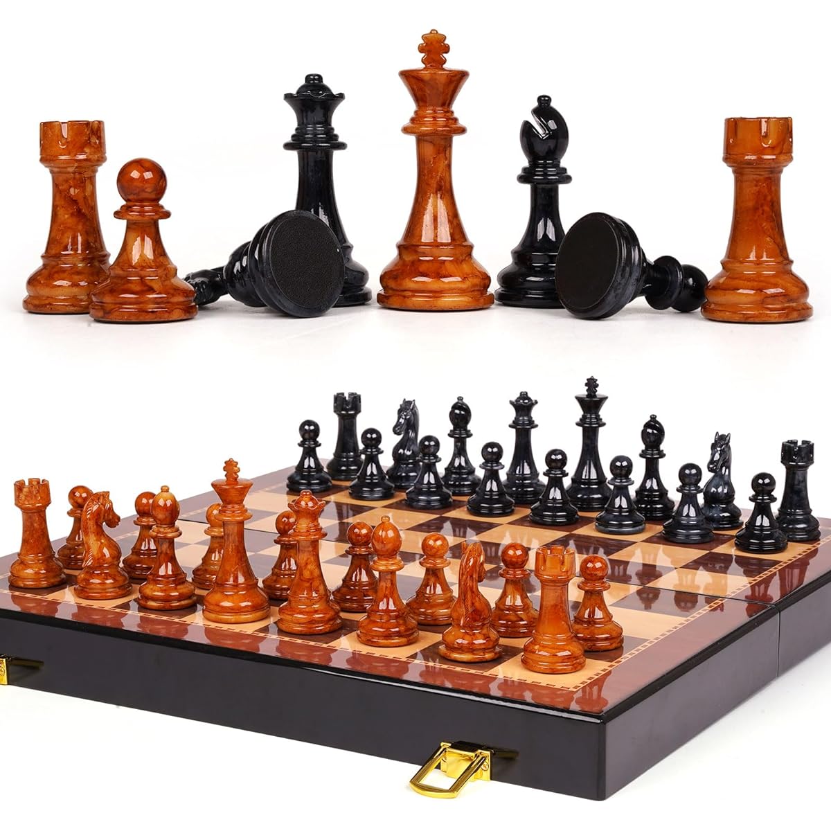 Elegant Chess Set Board Game - 15 Inch Travel Portable Chess Set for Adults & Kids with 2 Extra Queens, Acrylic Chess Pieces, Folding Wooden Chess Board Set - Stanton Chessman for Beginners Professional
