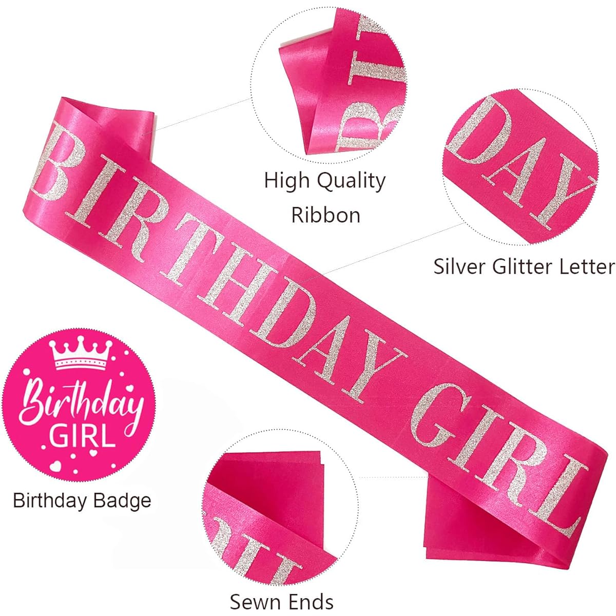 Birthday Girl Sash Hot Pink Satin with Silver Glitter Letter Happy 16th/18th/21st/30th/40th/50th/60th/70th/80th/Other Birthday Party Supplies Hot Pink Girl
