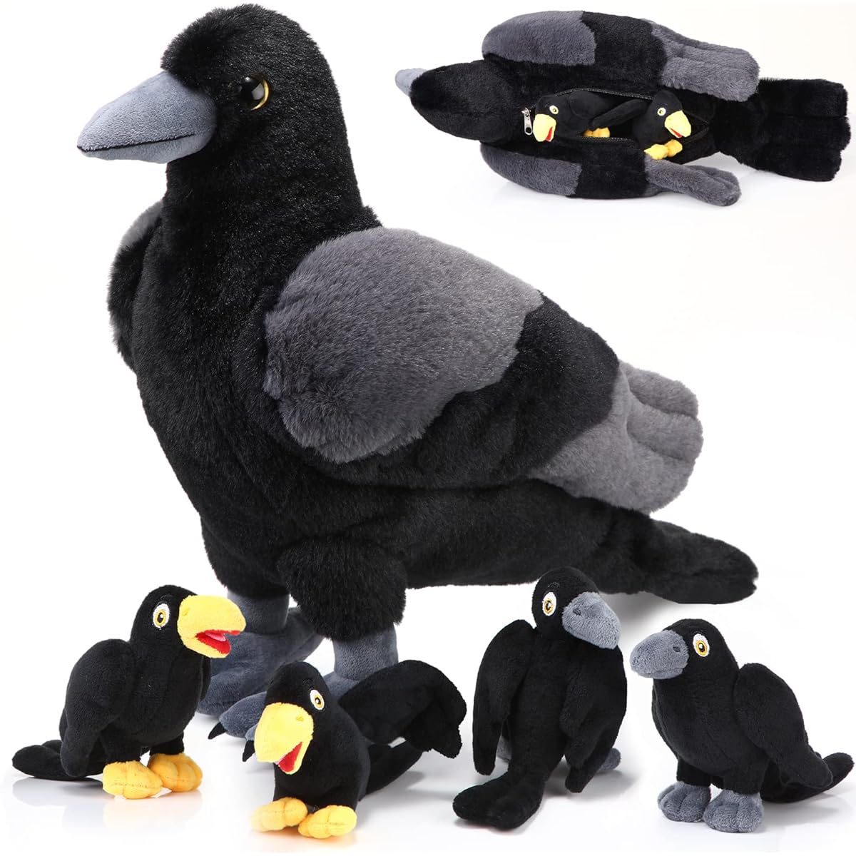 HyDren 5 Piece Crow Plush Toy Set - Soft, Fluffy, Realistic Large Stuffed Animals and Small Black Crows for Halloween Decorations & Collections