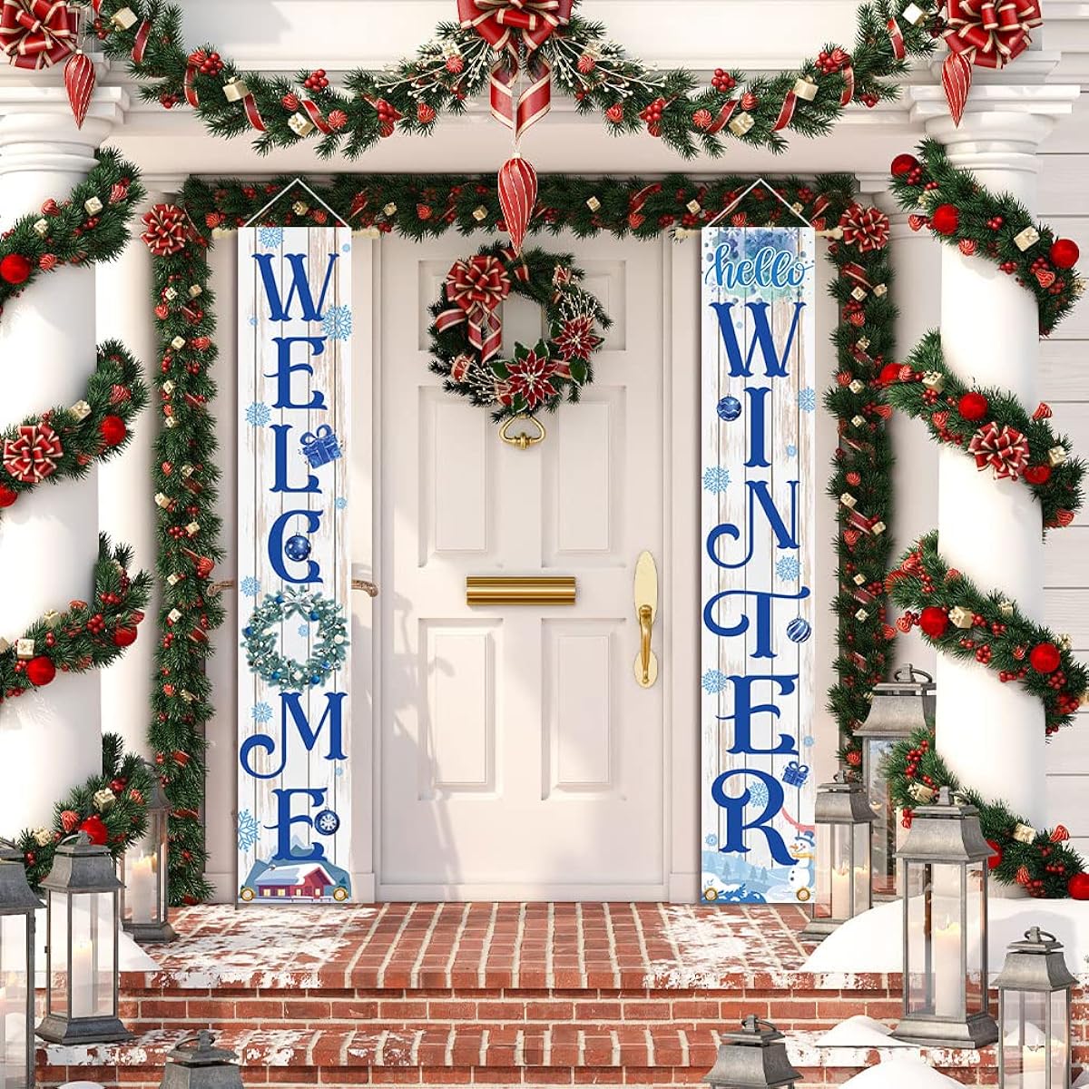 SENSEVEN Hello Winter Porch Banner Welcome Winter Hanging Banner Merry Christmas Snowflake Xmas Winter Porch Sign Decor Happy Winter Welcome Banner Front Door Porch Hanging Decor 12x72 Inch