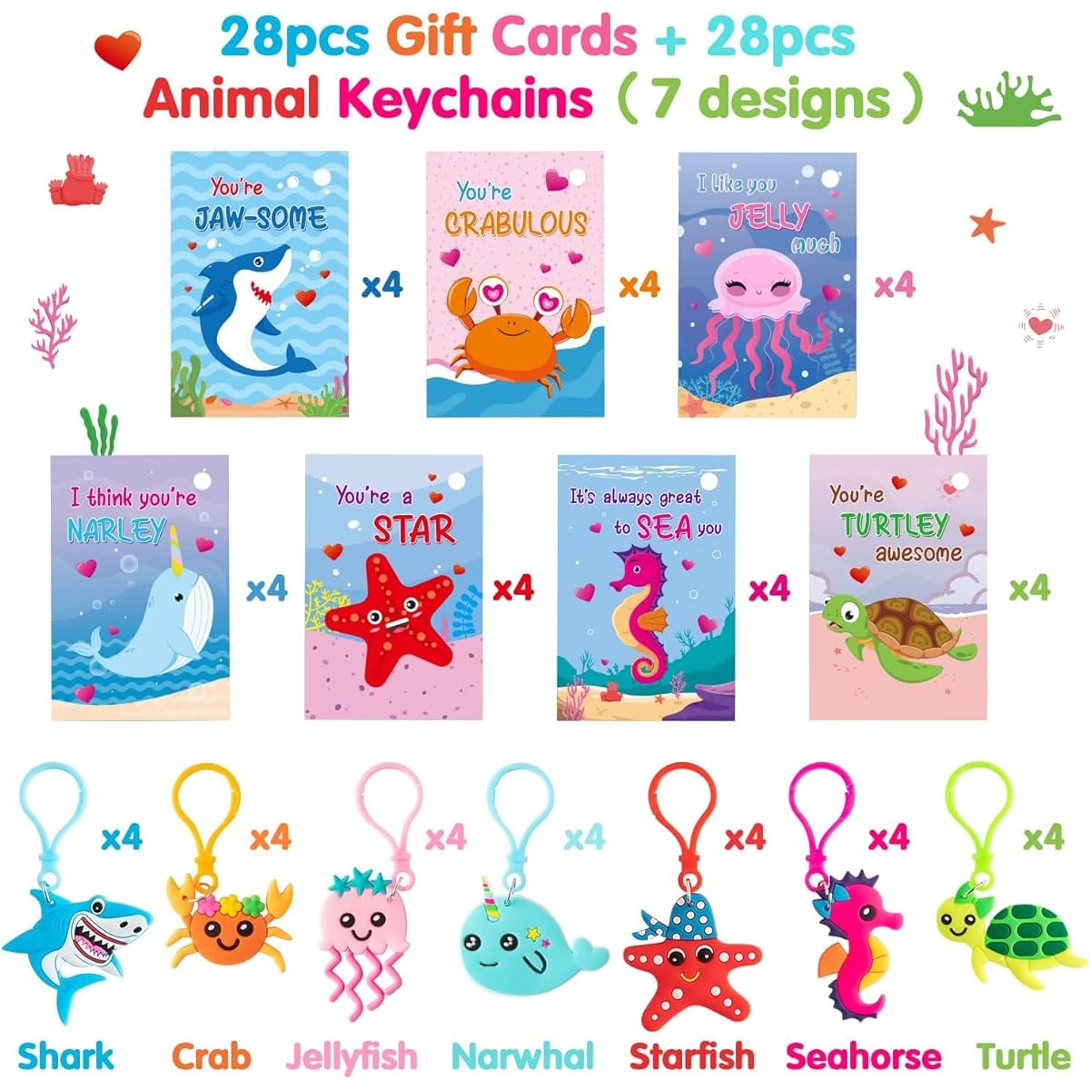 Haooryx 28 Packs Valentine's Day Gift Cards with Sea Animal Keychains, Cute Narwhal Turtle Squishy Keychain Keyrings for Kids Classroom School Prizes Valentine's Party Exchange Gift Card Supplies