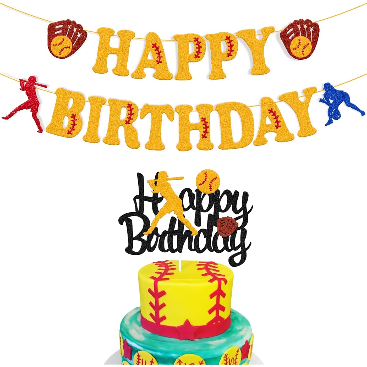Softball Birthday Decorations Happy Birthday Banner Softball Cake Topper Fastpitch Baseball Sports Player Theme Girls Women Boys Kids Birthday Party Supplies