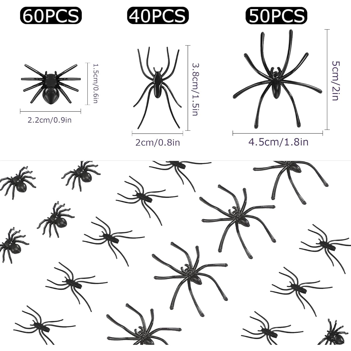 BAINFE Plastic Spider 3 Sizes 150 Pieces Halloween Realistic Plastic Spider Small Spider Toy Prank Prop Halloween Home Party Decoration