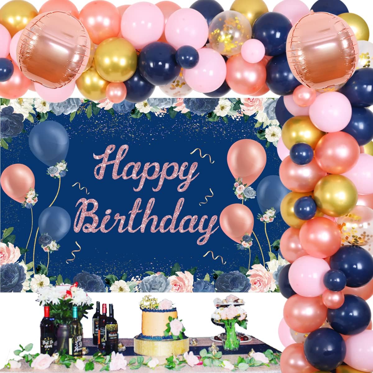Navy Blue and Rose Gold Birthday Decorations - Girls/Women/Birthday Party Decorations Pink Navy Blue Birthday Confetti Balloon Kit Unique Design Navy Blue Happy Birthday Backdrop