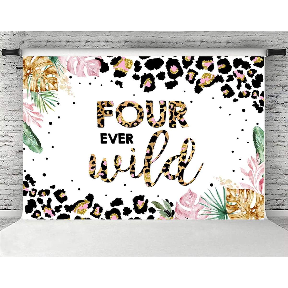 Lofaris Four Ever Wild Birthday Backdrop, 4th Birthday Safari Jungle Leaf Photography Background for Children Kids Birthday Party Decorations Girls Cake Table Banner Photo Booth Props 5x3ft