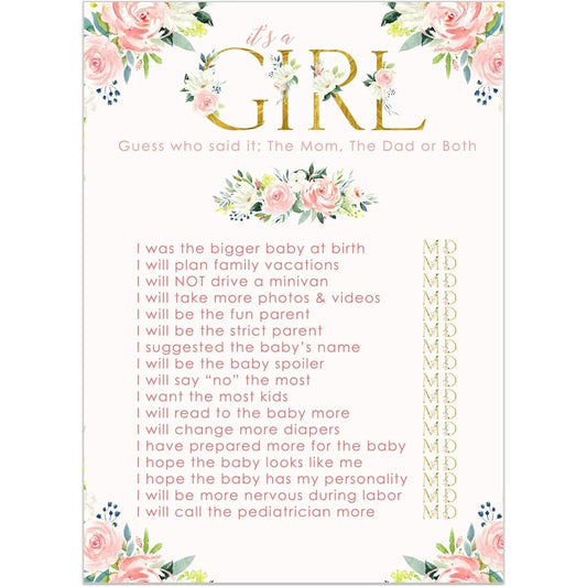 Oh Girl Mommy or Daddy Games for Baby Shower (25 Pack) Guessing Who Activity Cards for Guest Play - Rustic Pink Gold Floral Party Supplies
