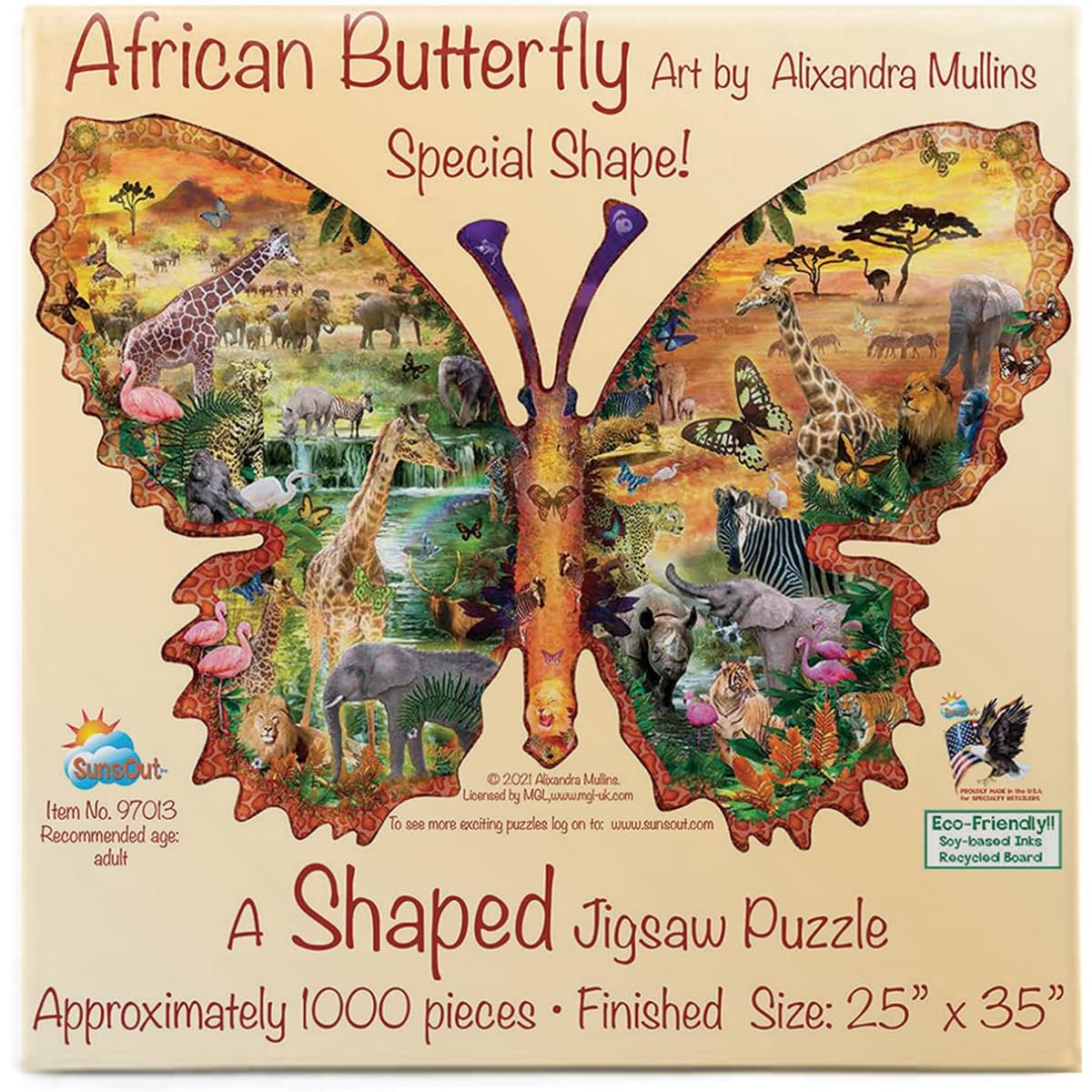 SUNSOUT INC - African Butterfly - 1000 Piece Specially Shaped Jigsaw Puzzle Artist: Alixandra Mullins - Finished Size 24" x 35" - MPN# 97013