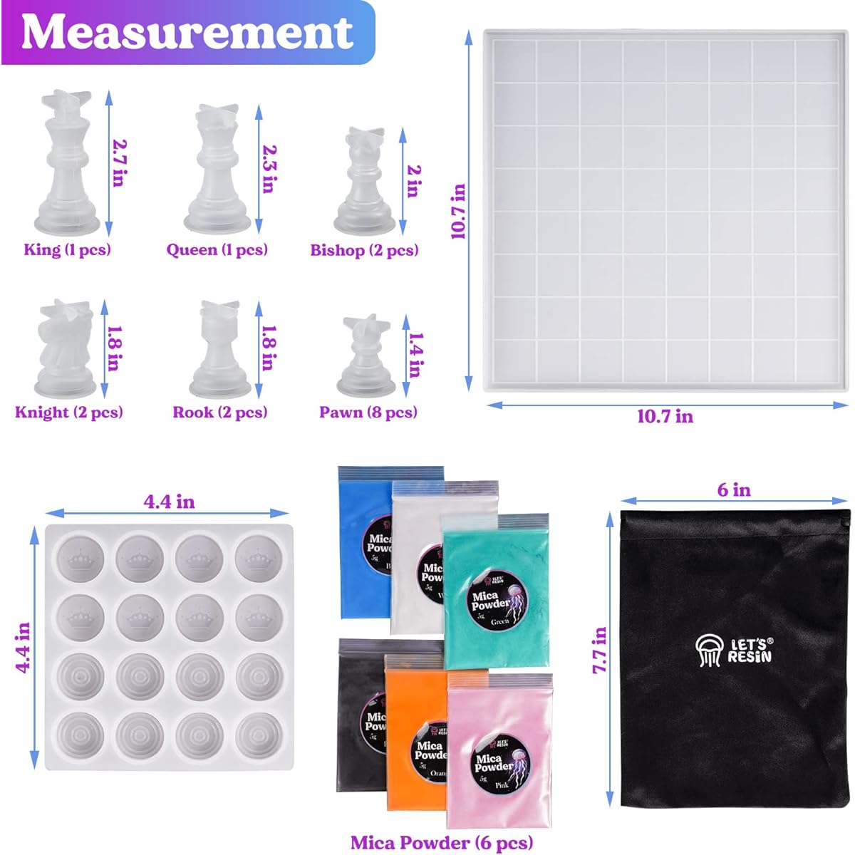 LET'S RESIN Chess Mold for Resin Casting, Upgraded Resin Chess Set Mold, 3D Full Size 16 Chess Checkers & Chess Board Epoxy Silicone Resin Mold DIY Chess Board Game Christmas Gift