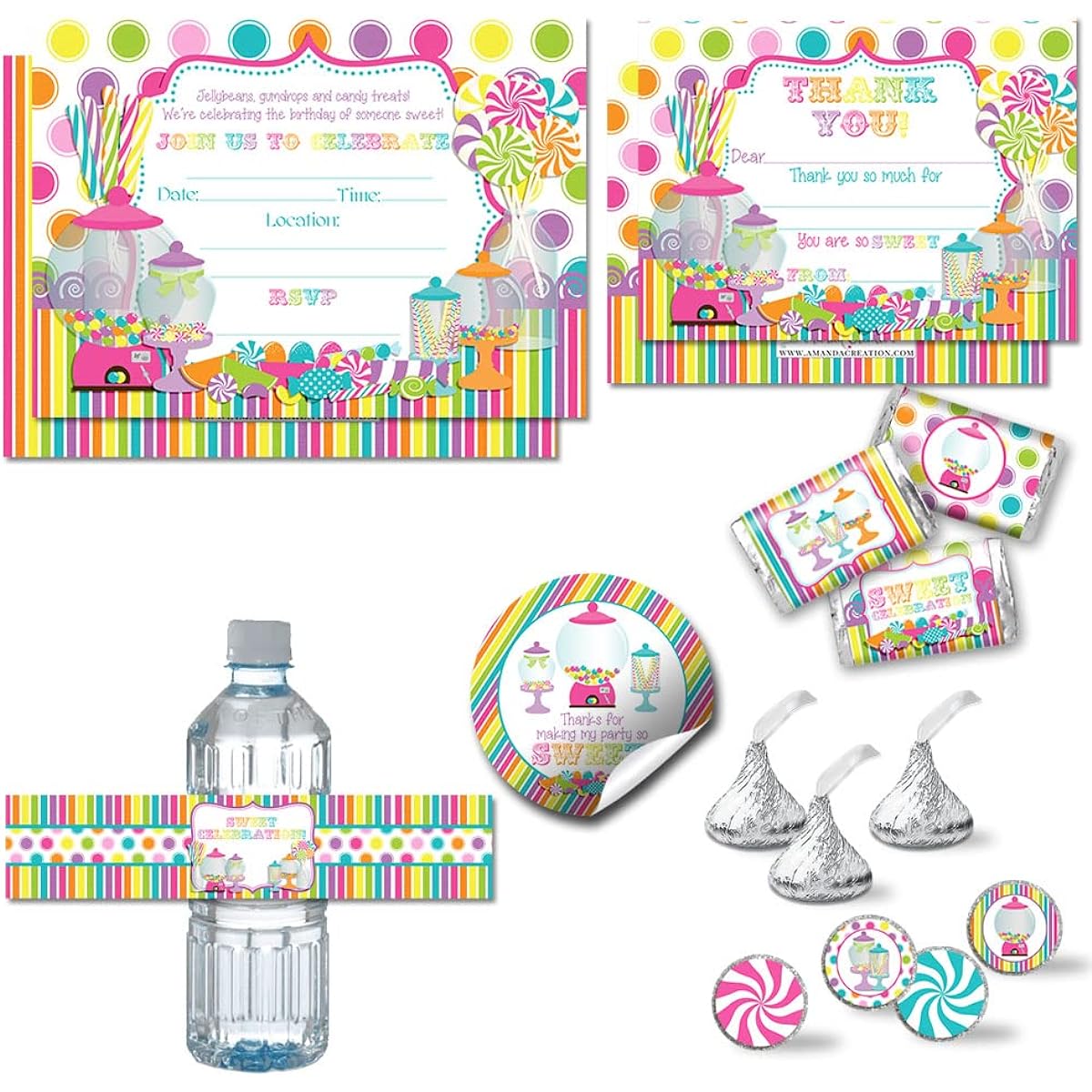 Deluxe Sweet Shop Candy Shop Birthday Party Set - 20 of Each 5"x7" Invitations, Thank You Cards, Thank You Party Stickers and Envelopes
