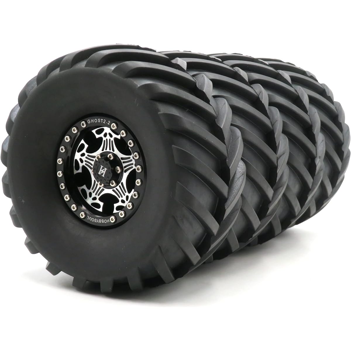 HOBBYSOUL 2.2 Beadlock Wheels and 2.2 Tire Height 130mm/5.12inch Tire Black Silver Color Rim for RC Mud Crawler Tractor Redcat Gen8 Everest Gen 7 Pro/Axial Capra Wraith Scx10 iii / TRX4 (Pack of 4)