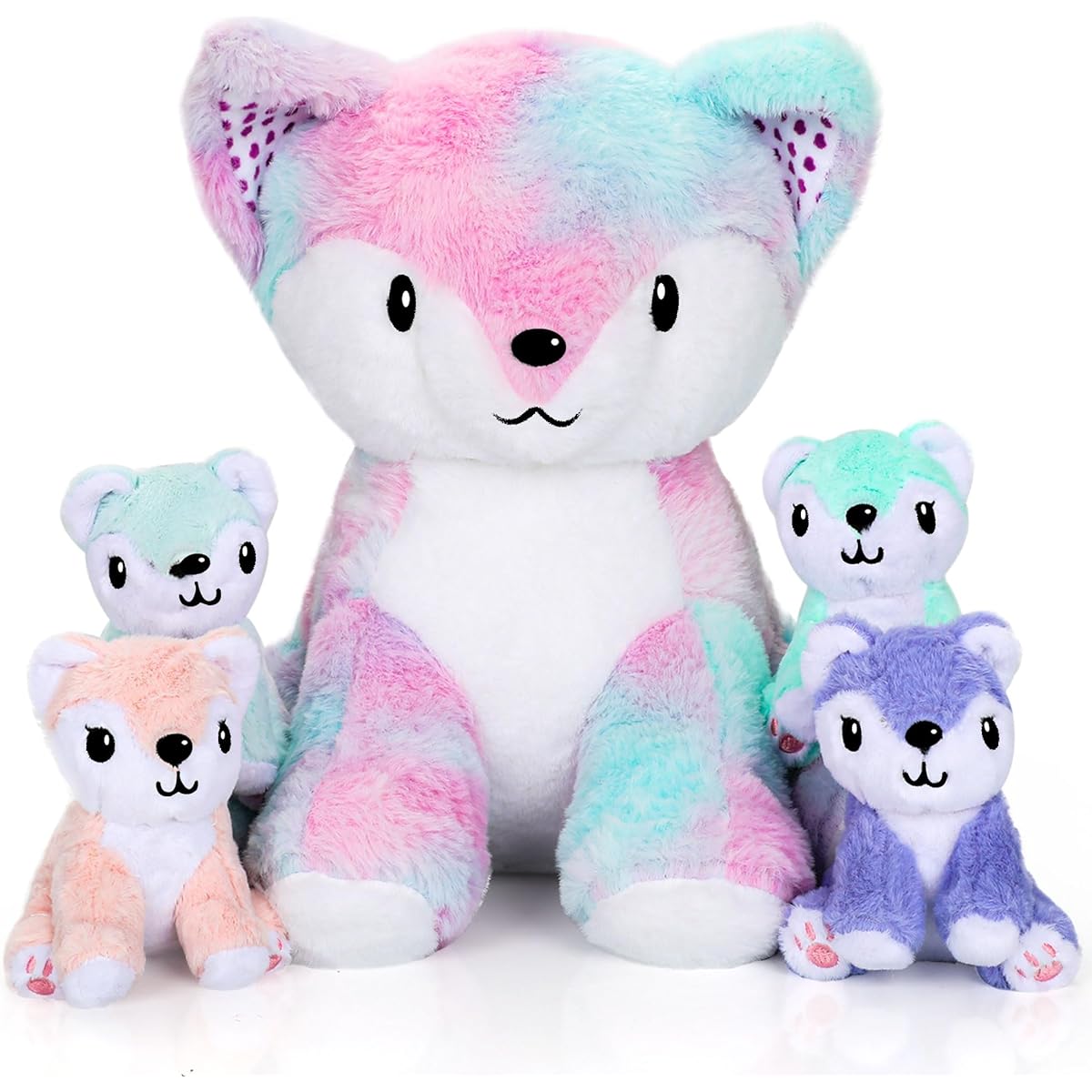 Smikawy Stuffed Fox Plush Toy, Fluffy Plush Toy, Set of 4 Baby Foxes, Rainbow Fox Toy, Family, Christmas, Birthday, Girls, Boys