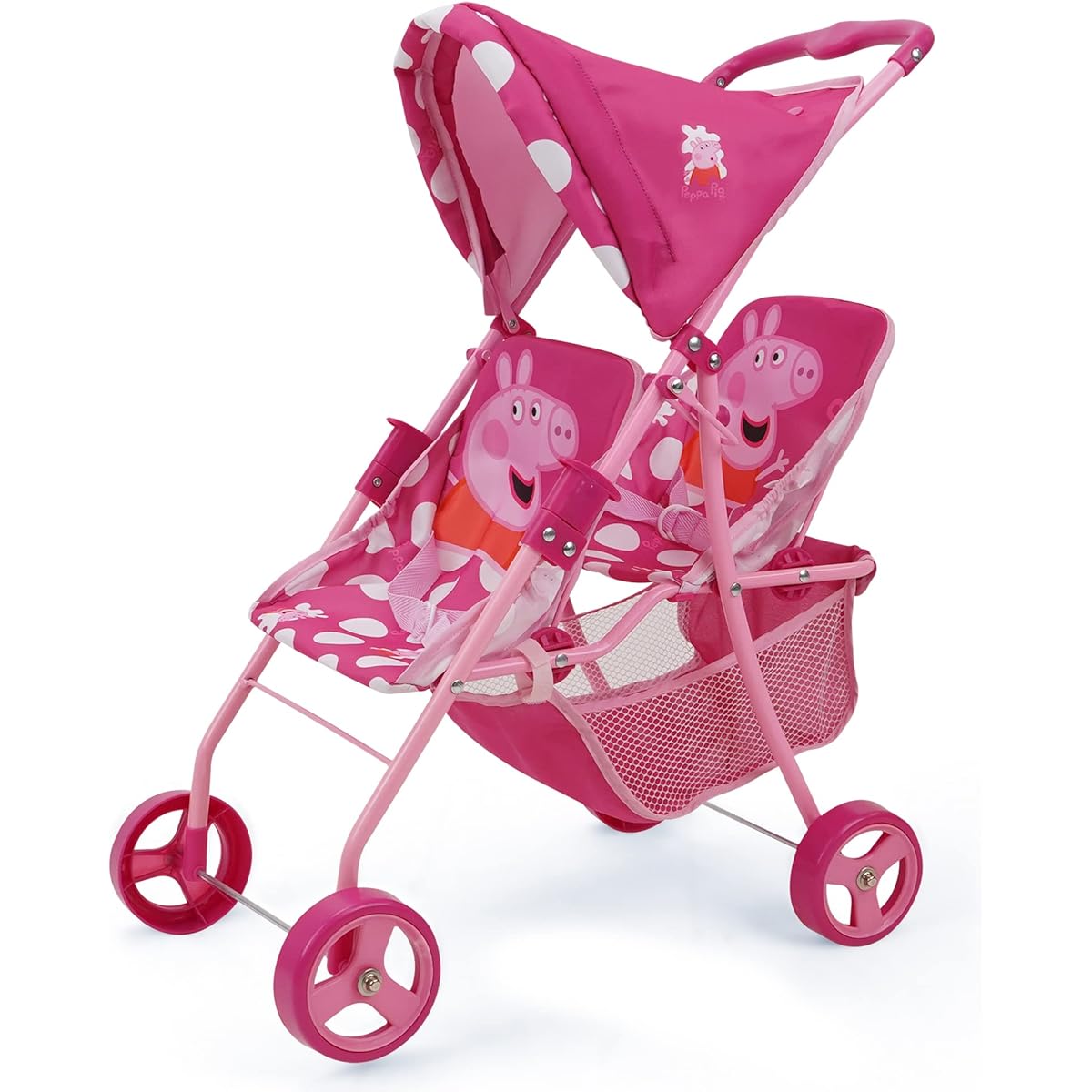 Peppa Pig: Doll Twin Stroller - Pink & White Dots - Fits Dolls up to 24 inches, Retractable Canopy, Easy to Fold for Storage & Travel, For Stuffed Dolls & Plush Toys, For Kids Ages 3+