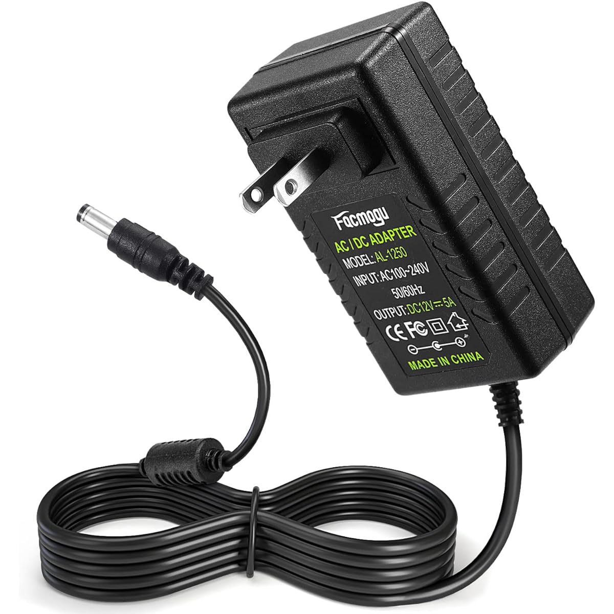Facmogu 12V 5A Power Adapter Wall Adapter with 150cm/4.92ft Long Cable Wall Plug Transformer AC 100-240V to DC 12V Converter 5.5mm x 2.5mm & 2.1mm Output Jack for Laptop CCTV