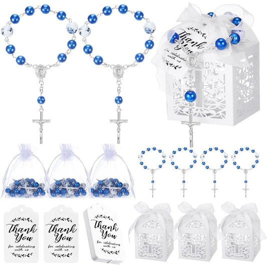 100 Pieces Baptism Favor Set, Mini Rosary, 25 Pieces, Baptism Favor Box, 25 Pieces, White Organza Bags, 25 Pieces, Craft Thank You Tags for Baptism, Communion, Baby Shower, Party Decorations (Blue)