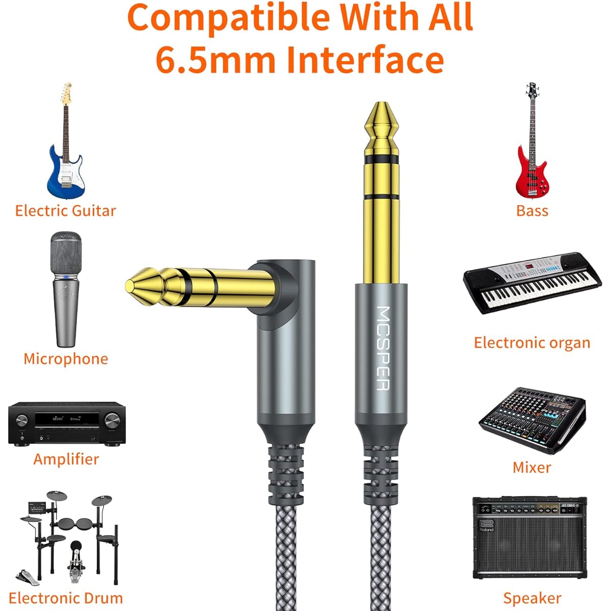 1/4" TRS Instrument Cable 10ft 2 Pack 90 Degree Right Angle to Straight 6.35mm Male Jack Stereo Audio Cord Balanced Interconnect Line for Electric Guitar Bass Keyboard Mixer Amplifier Speaker