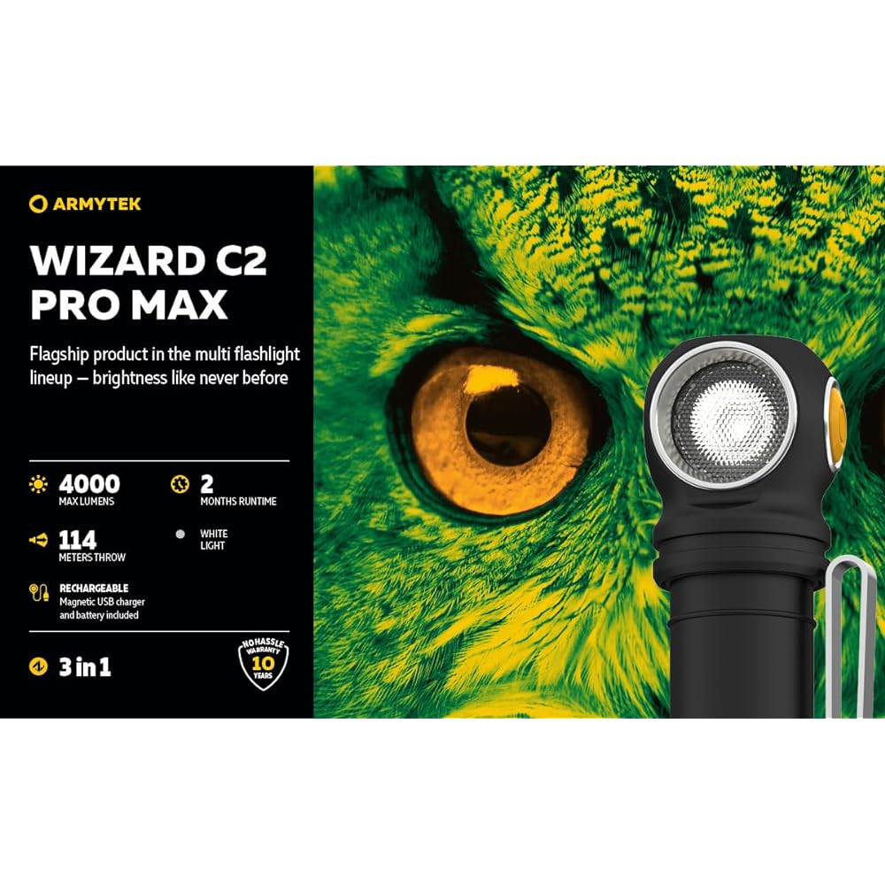 LED Flashlight Armytek New Wizard C2 Pro Max White Rechargeable USB Flashlight + Rechargeable 21700 Li-ion Battery