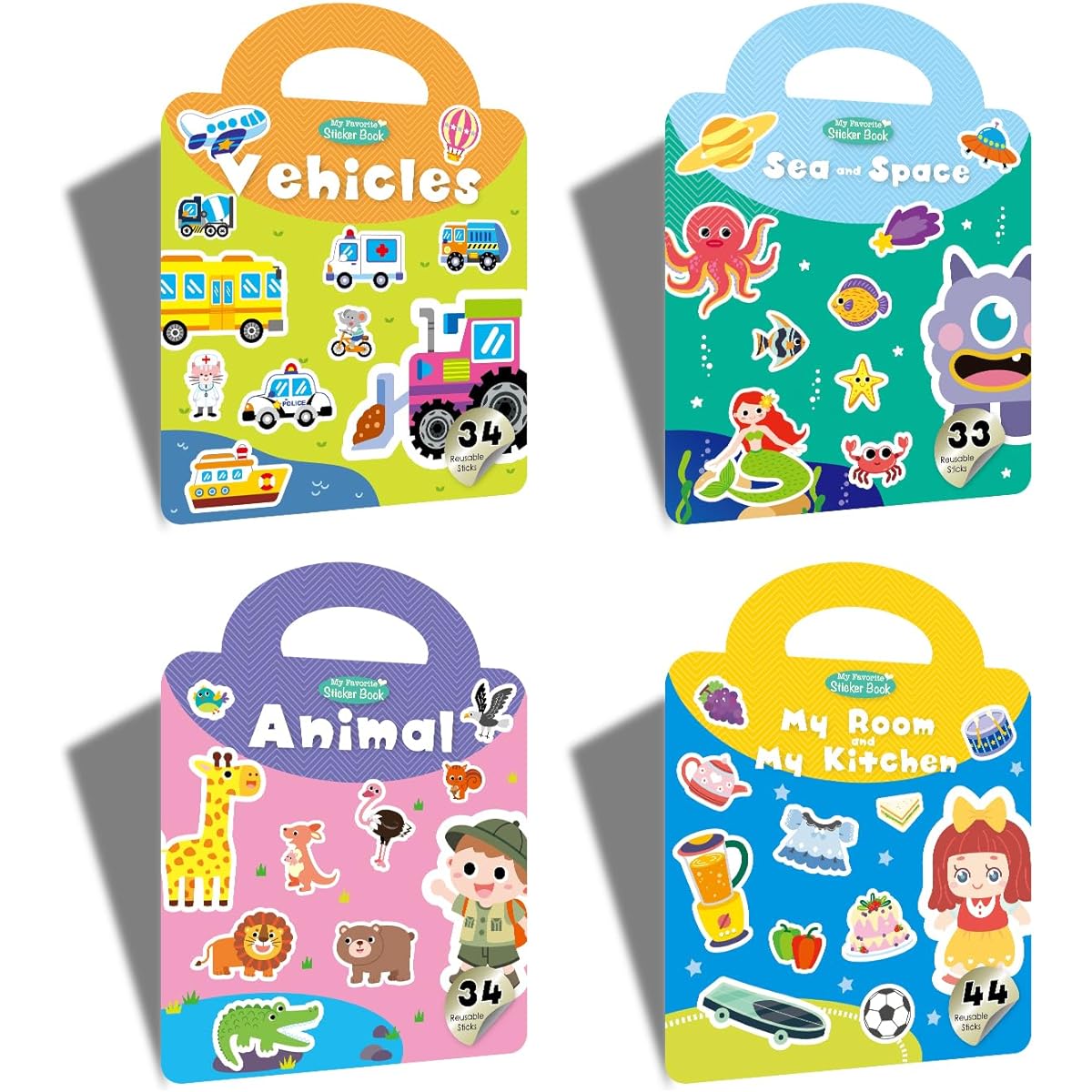Towjug Reusable Sticker Book, 4 Sets for 2-4 Years Old Toddlers, Preschool Learning Activity Sticker Book, Readhesable Jelly Stickers for Girls and Boys (Animals+Vehicles+Room+Ocean)…