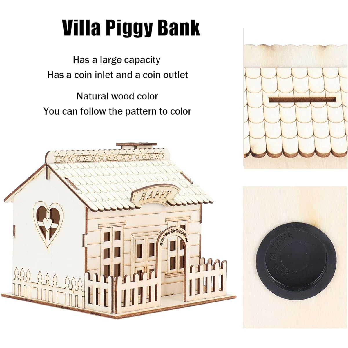 Wooden Villa House Piggy Bank Money Box Decorative Piggy Bank Money Box with LED Light Home Decor Gift for Kids