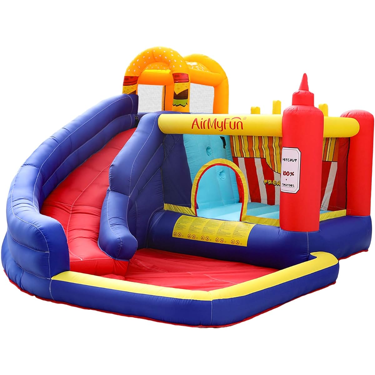 AirMyFun Food Bouncy Castle Bounce House Hamburger Ketchup Shape Jump & Slide Area with Safety Net Giant Castle with Ball Pit & Air Blower