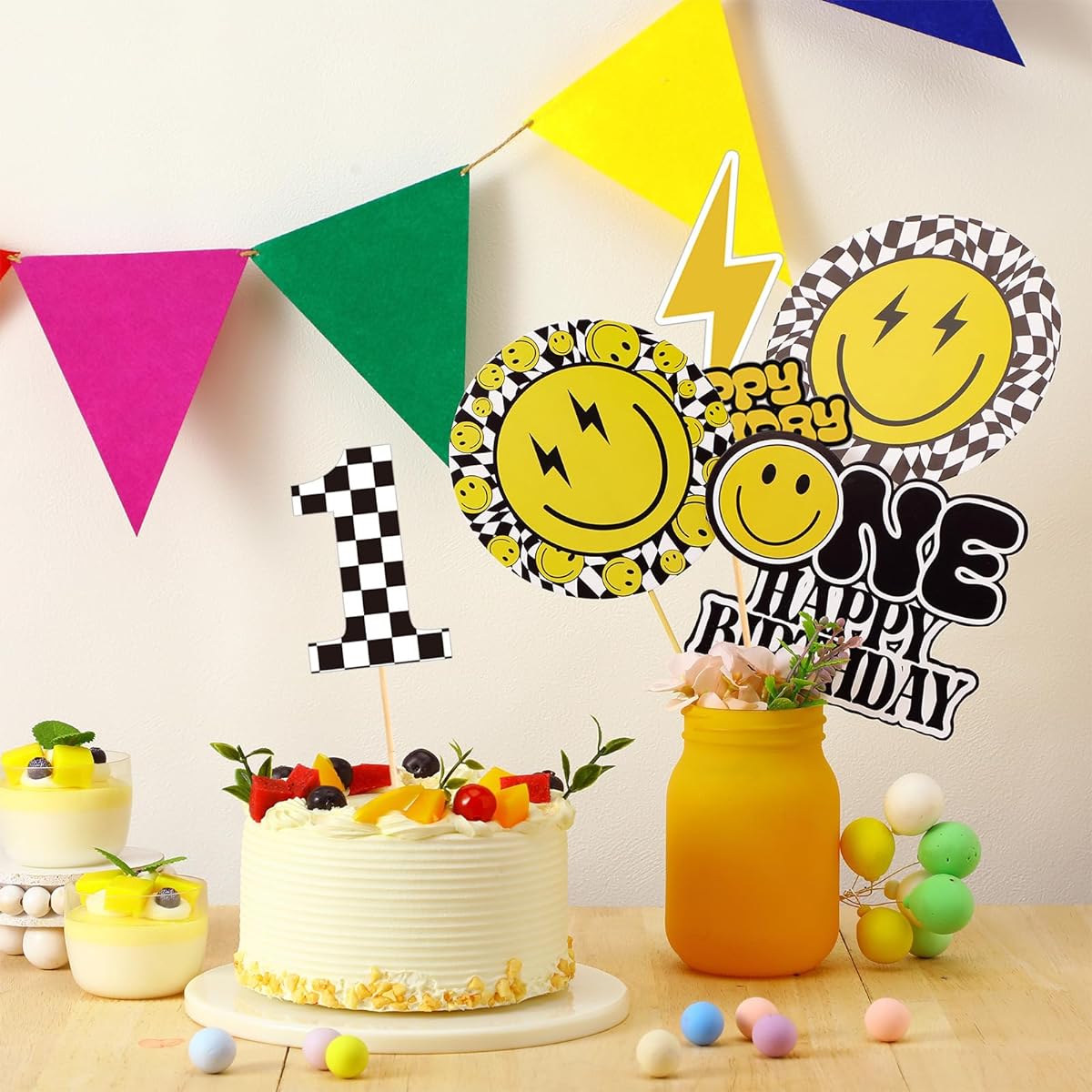 Ctosree 30pcs Happy Dude Birthday Party Centerpiece Sticks Smile Face Birthday Table Toppers Happy Birthday Table Centerpieces Hippie Groovy First Birthday Party Decorations for Kids Birthday