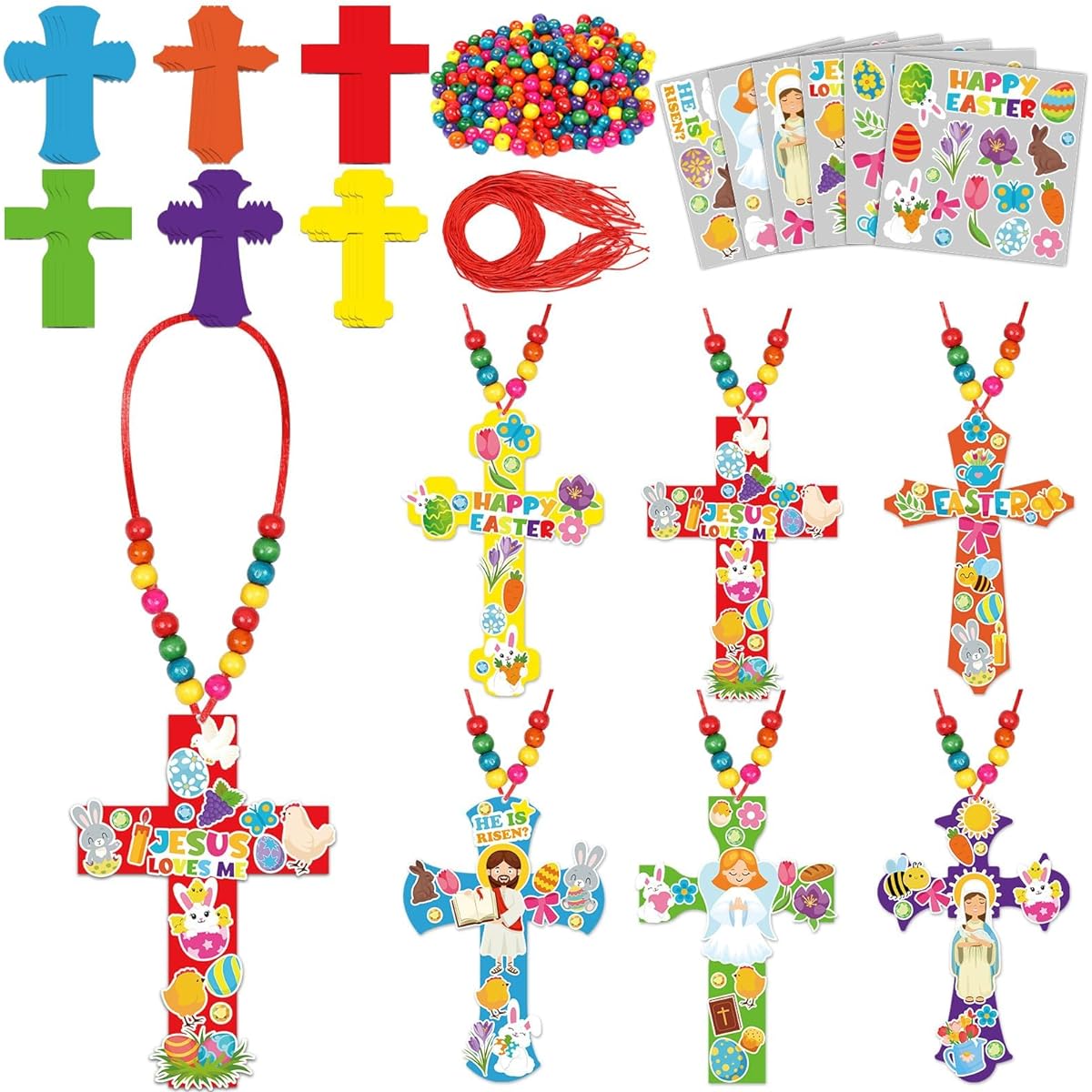 Qyeahkj 30 Sets Easter Cross Craft Kit for Kids Cross Necklace Beads Ornaments DIY Stickers Art Crafts Activities Hanging Religious Decorations for Sunday School Christian Jesus Keepsake