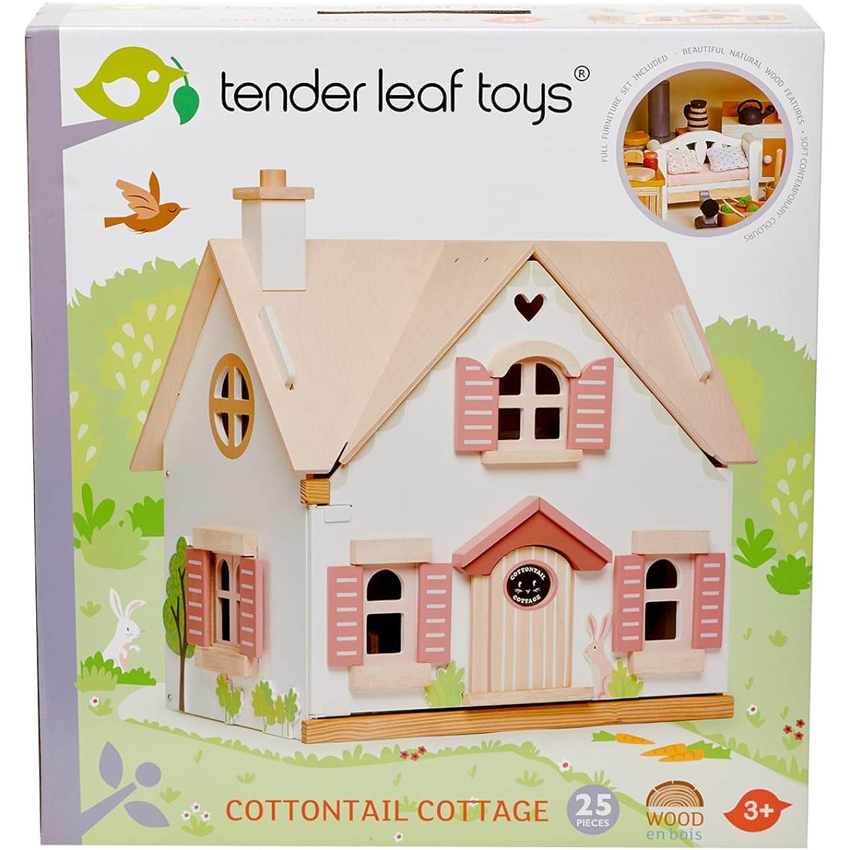 Tender Leaf Toys - Cottontail Cottage - Furnished 18.7" Tall 3-Story Country Wooden Dollhouse with 24 Accessories - Encourages Creative, Imaginative and Fun Play - Ages 3+