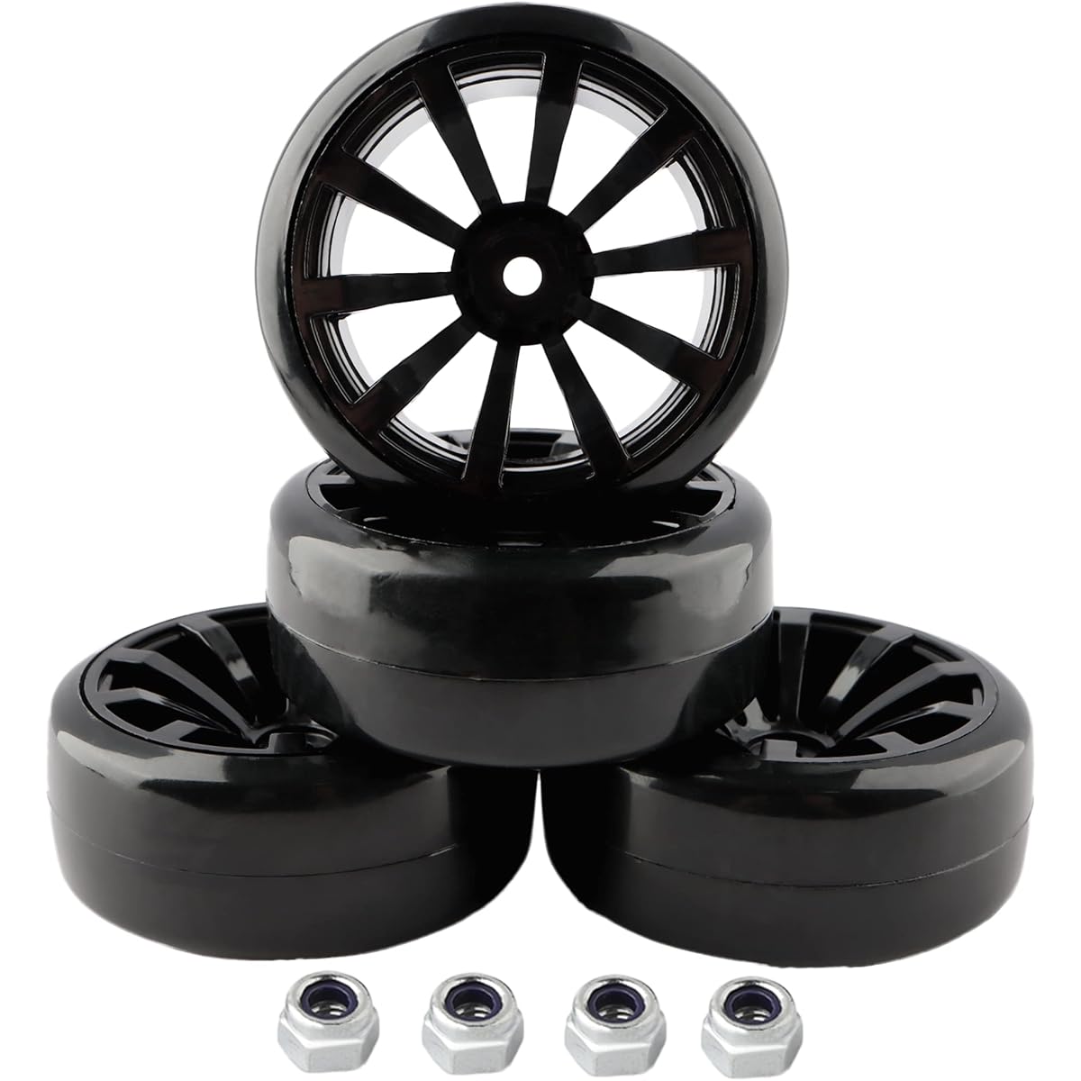 GDOOL 4pcs 12mm Hub Wheels 1:10 63mm Hard Plastic RC Drift Car On-Road Touring Racing Bare Tires for Traxxas HSP Tamiya HPI Kyosho On-Road Drift Car Trucks (Black)