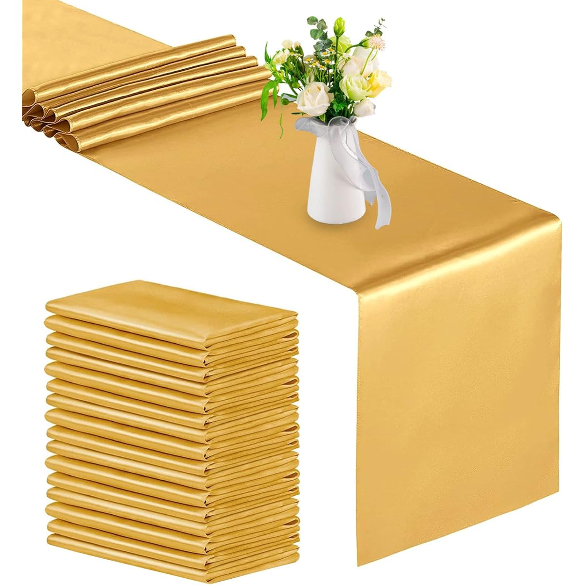 Gold Satin Table Runners 12 x 108 Inch Satin Silk Table Runners for Rectangle Round Tables Wedding Birthday Party Banquet Thanksgiving Christmas Graduation Decorations Set of 16