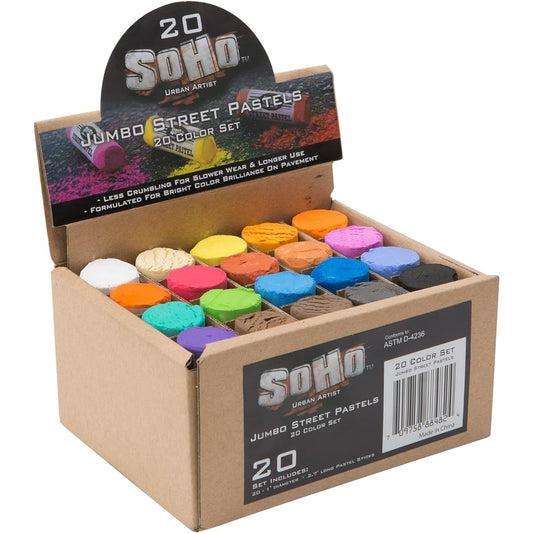 Soho Urban Artist Jumbo Kids Sidewalk Chalk Street Pastel Set - For Pavement, Walkways, Concrete or Brick, Richly Pigmented, Bright, Smooth and Durable - 20 Unique Assorted Colors