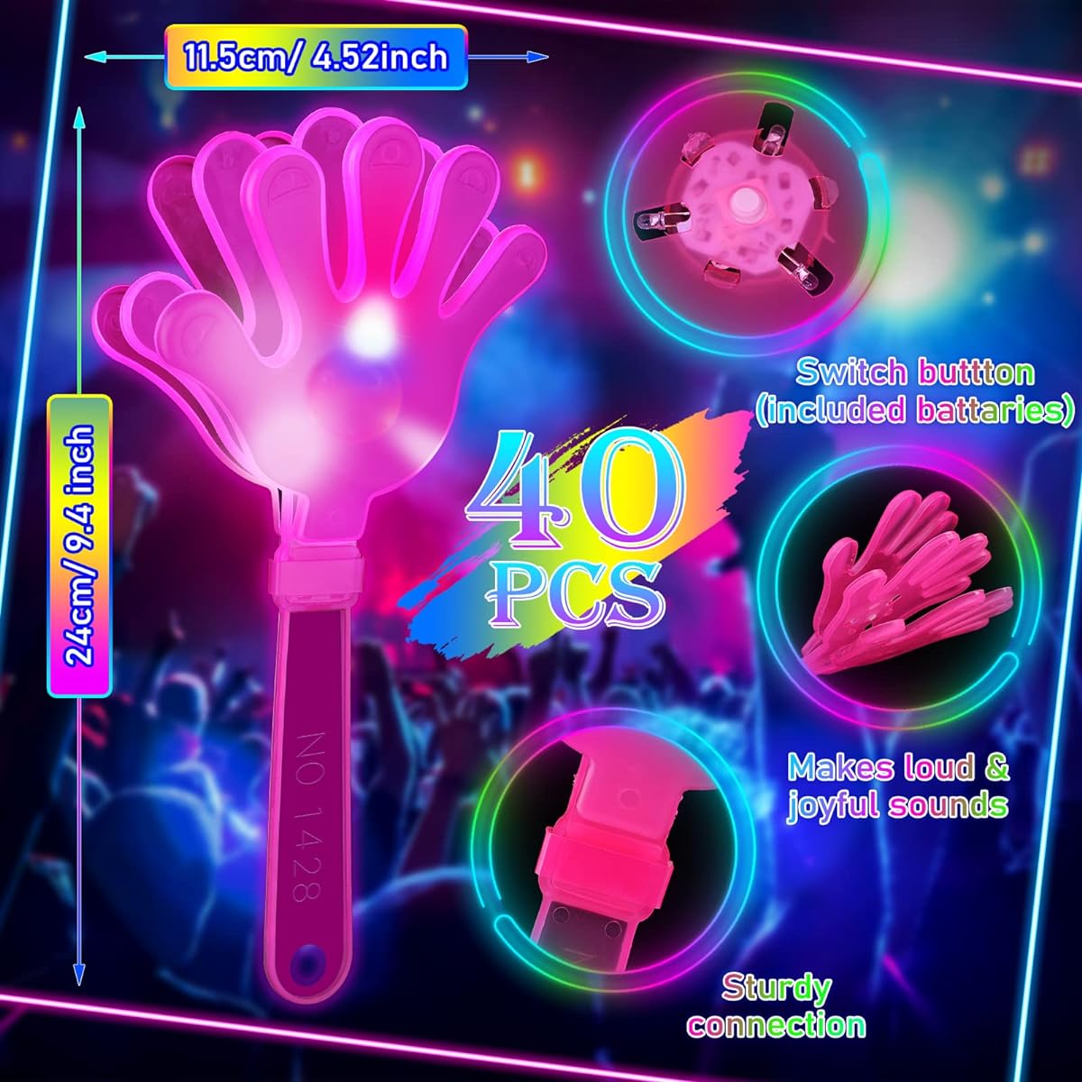 Chumia 40Pcs Hand Clappers LED Light Up Noise Maker Toys Plastic Noise Makers Party Favors Game Accessories for Kids/Adults Sporting Events Fiesta Party Birthday Concert Giveaways Gift Supplies 9.45"