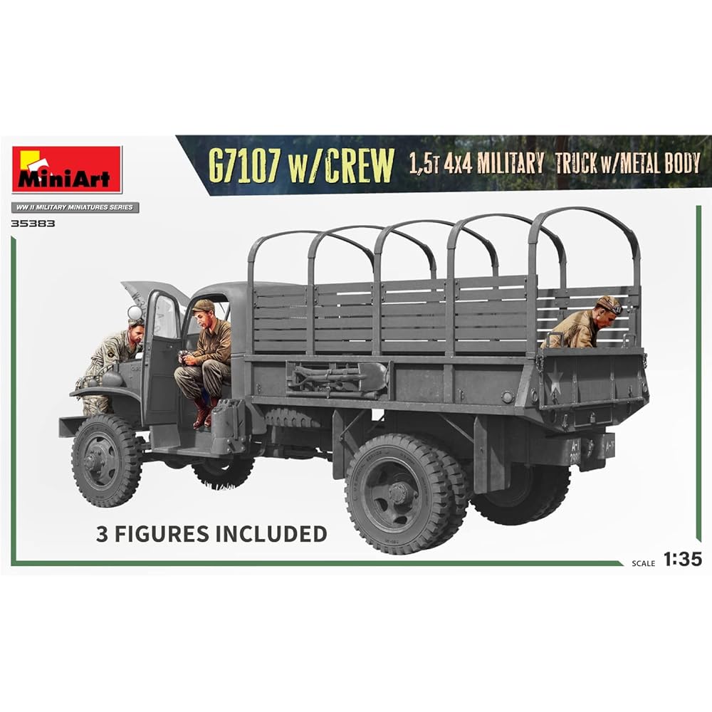 Miniart 1/35 US Army G7107 1.5t 4x4 Cargo Truck Metal Cargo 3 Crew Figures Plastic Model MA35383