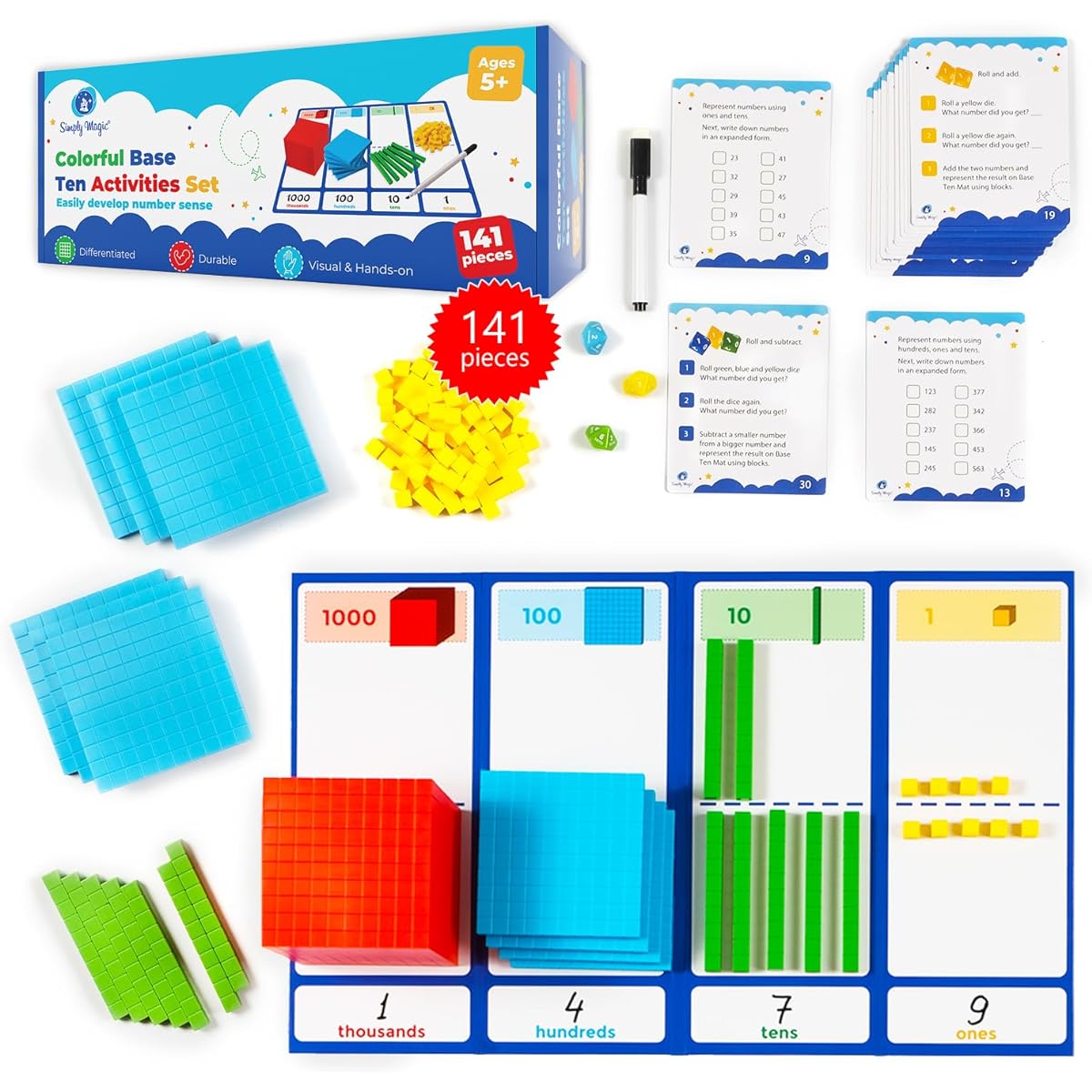 Simply magic 140+1 Colorful Base 10 Blocks & Activities Set - Base 10 Blocks Classroom Set, Base 10 Math Manipulatives, Place Value Blocks Mat, Hundreds Blocks, Math Counter Cubes