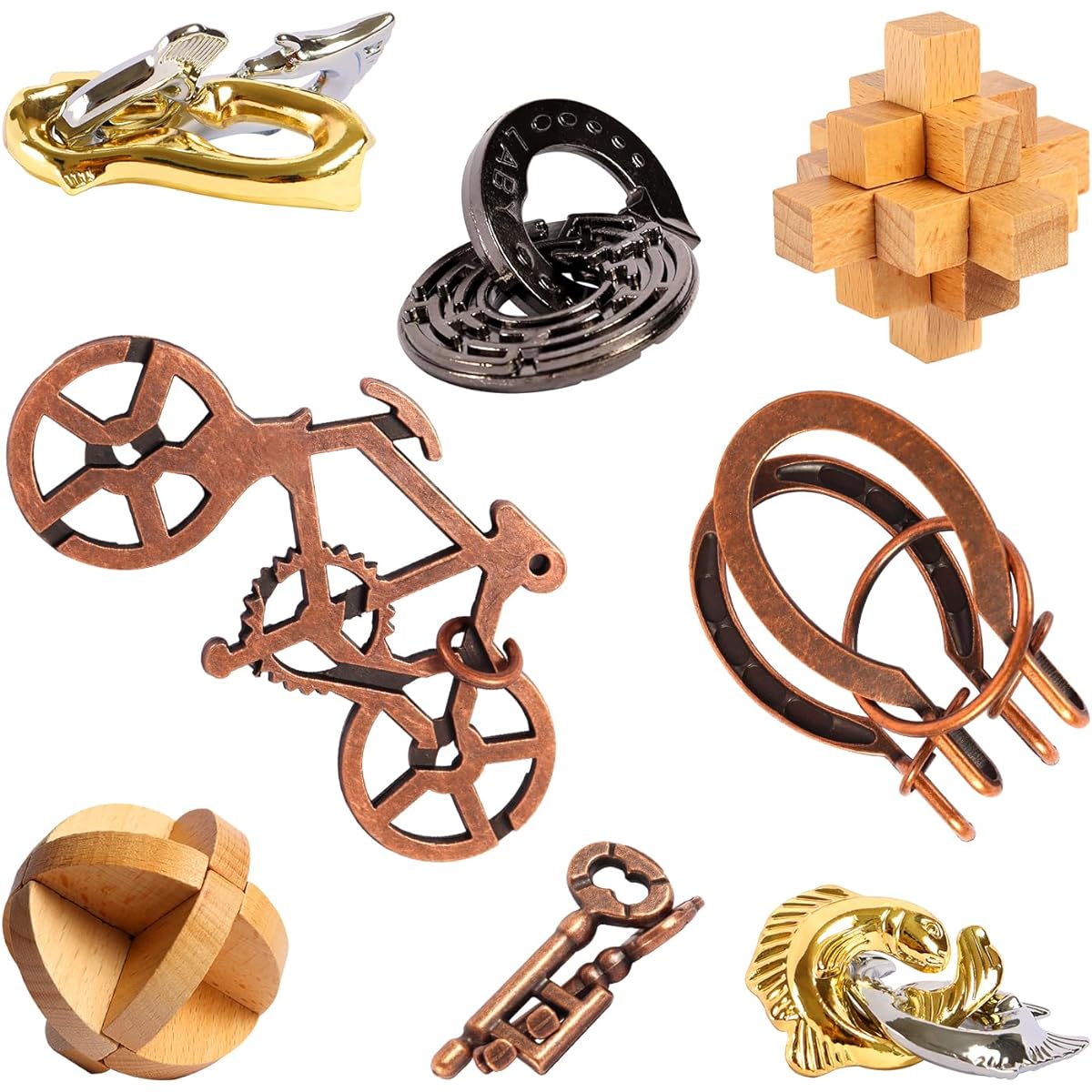 RLYLF 8 Pieces Wood and Metal Brain Teaser Puzzle for Adults and Kids, Family Games, Party Favors, Coffee Time Unlock Interlock Mind Challenge