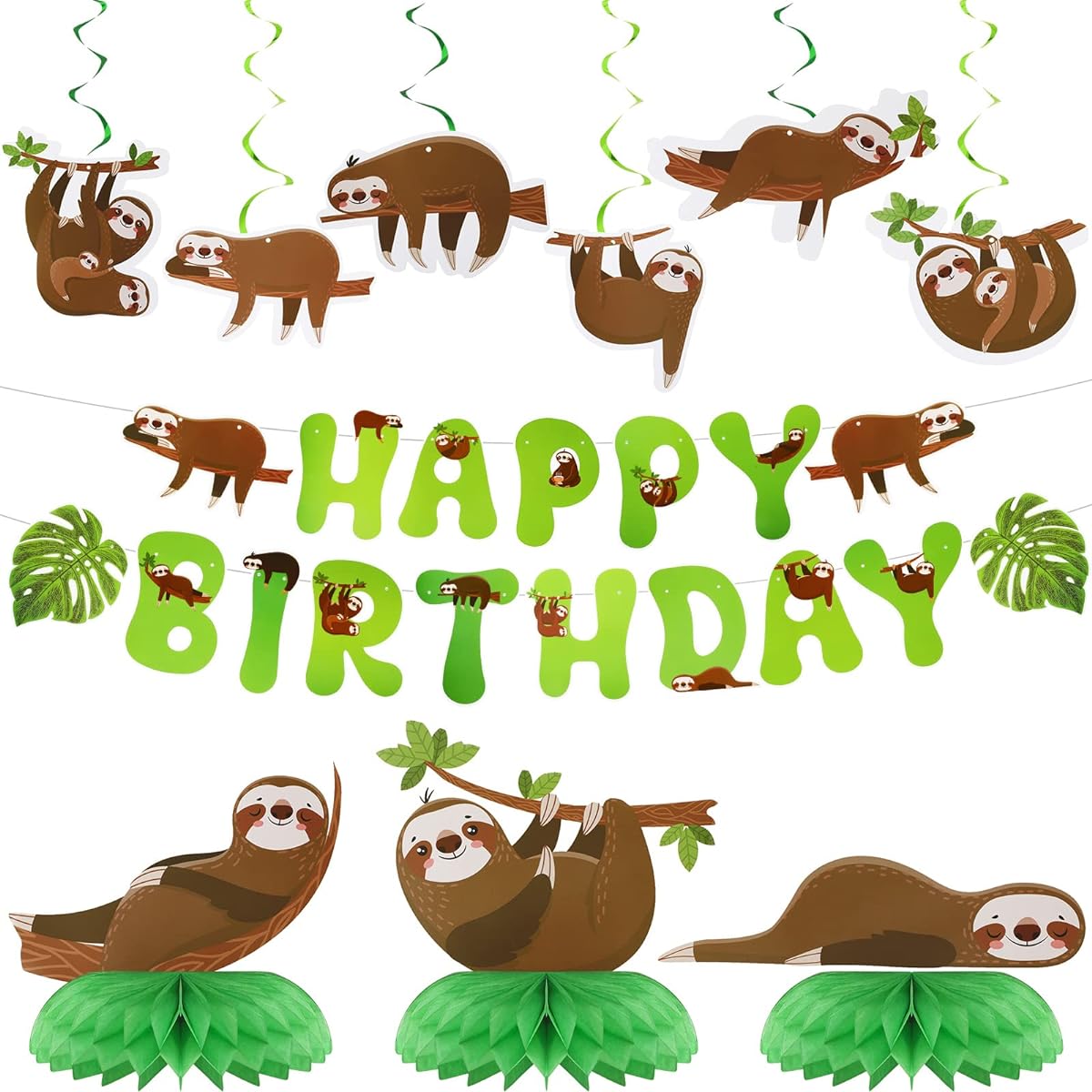17 Piece Dog Sloth Party Decorations, 2 Birthday Banners, 3 Honeycomb Centerpieces, 6 Hanging Swirls, 6 Hanging Cards, Puppy Sloth Themed Birthday Party Favors (Sloth Style)