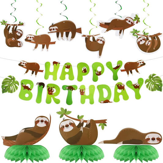 17 Piece Dog Sloth Party Decorations, 2 Birthday Banners, 3 Honeycomb Centerpieces, 6 Hanging Swirls, 6 Hanging Cards, Puppy Sloth Themed Birthday Party Favors (Sloth Style)