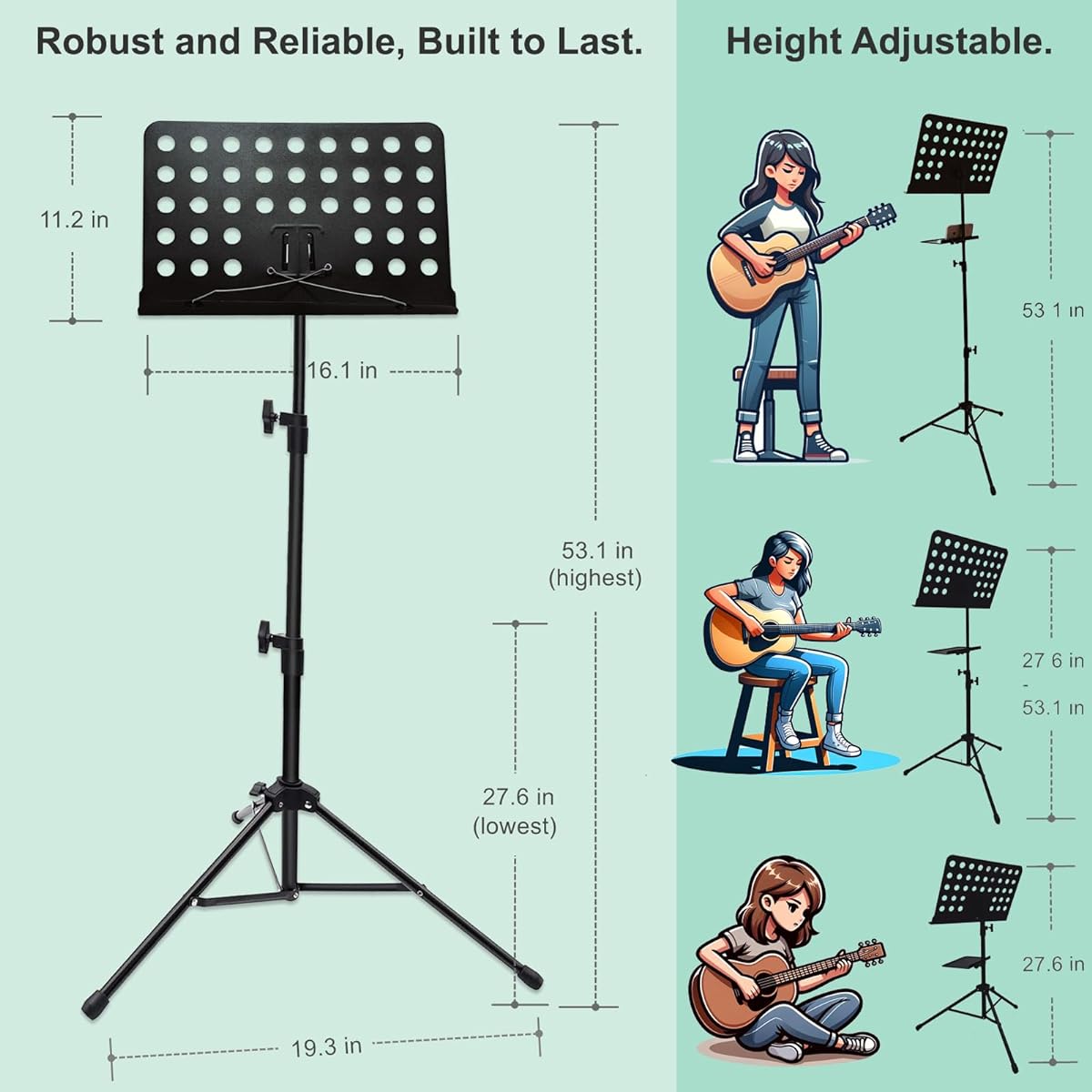 Tocnov Ultimate Music Stand, Portable Music Stand for Sheet Music with Clamp-on Tray, Music Clip and Carry Bag, Adjustable Height and Angle Design, Foldable Music Stand Set for Guitar Ukulele