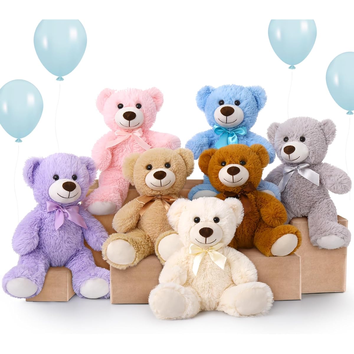 JiguJigu Teddy Bear Plush Toys Set of 7, 7 Colors, Brown, White, Grey, Pink, Purple, Blue, Dark Brown, 13.5 Inch