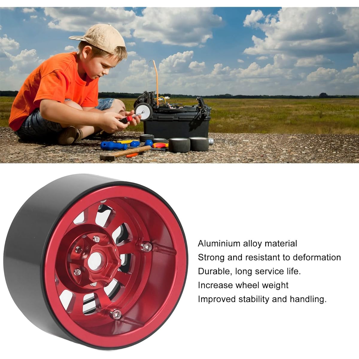 RC Wheel Rim Hubs, Aluminum Alloy 2.2 Inch Wear-Resistant, Durable, Weighted Design 4pcs RC Beadlock Wheel Hubs for SCX10 (Red)