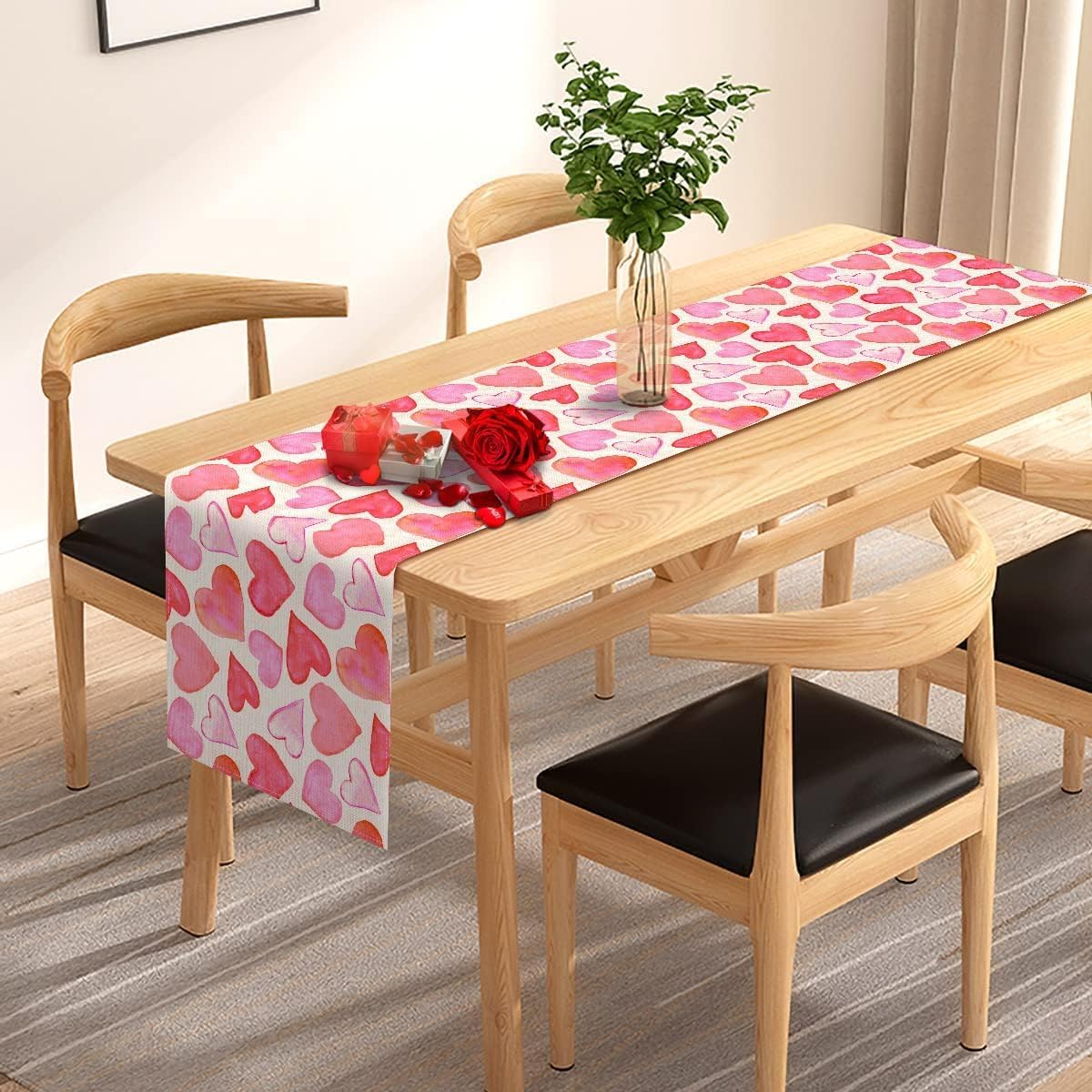 Valentine's Day Table Runner Romantic Anniversary Party Decorations Pink Red Love Hearts Kitchen Dining Room Home Decorations (13" x 108")