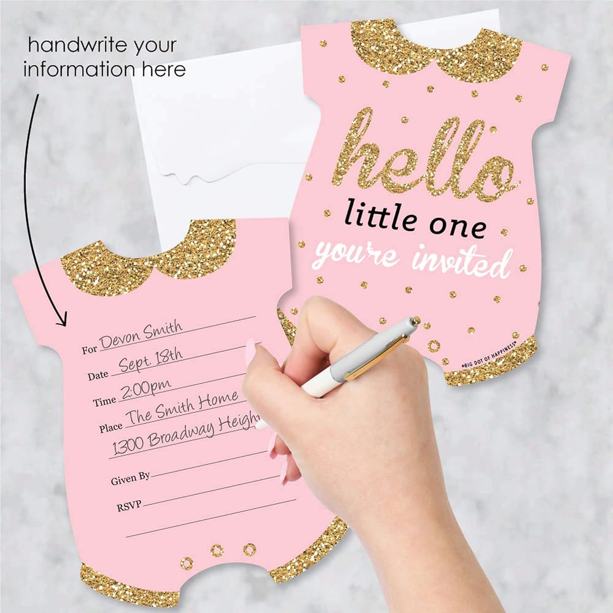 Hello Little One - Pink and Gold - Fill in the Shape Invitations - Girl Baby Shower Invitation Cards with Envelopes - Set of 12