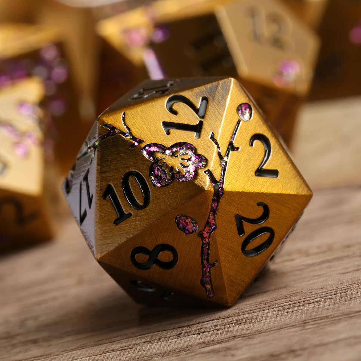 DNDND Flower Metal DND Dice - 7 Heavy Solid Metallic Dragon Dice Set with Huge Gift Case for D&D Dungeons and Dragons Tabletop Game (Ancient Brass)