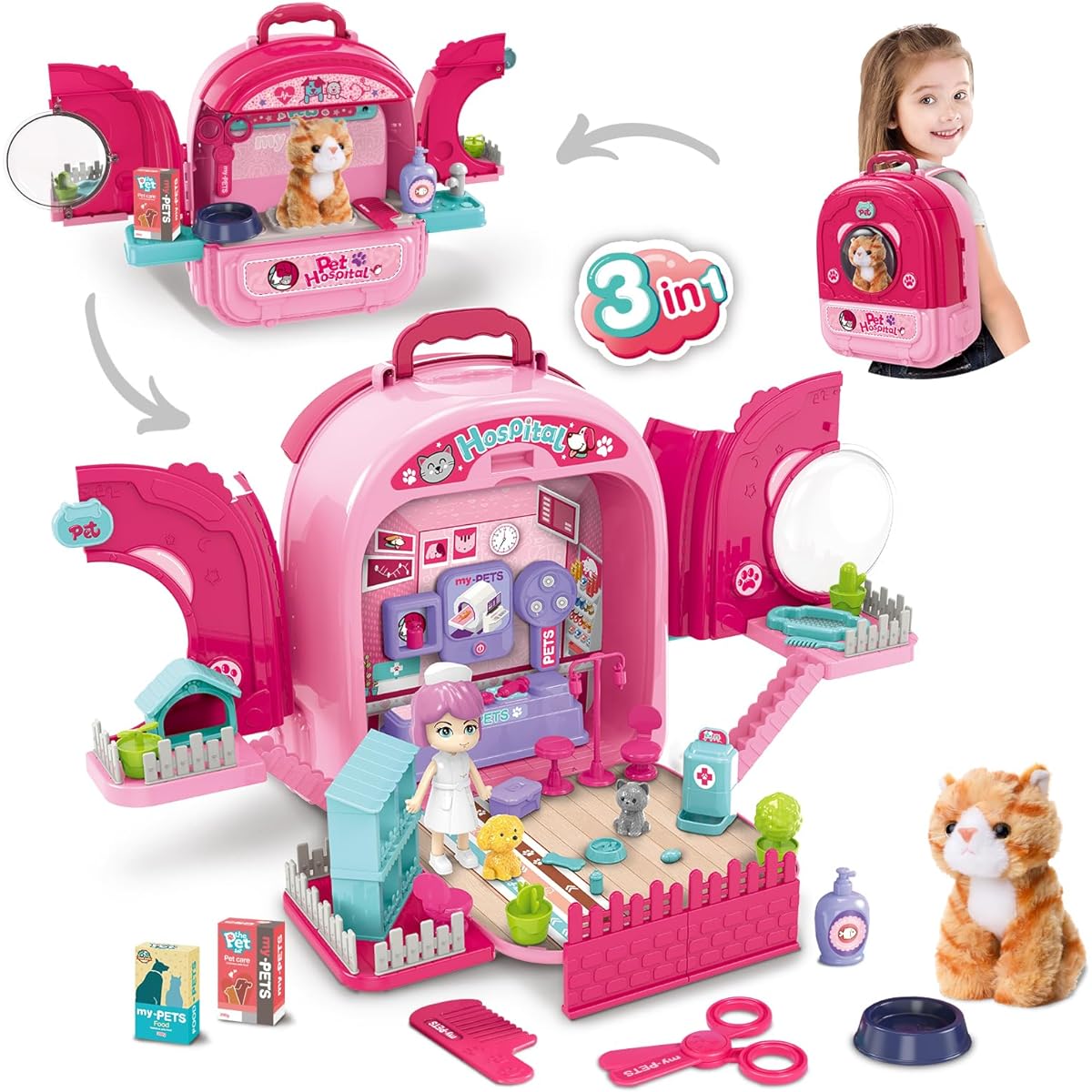 MAGIC4U 3-in-1 Pet Care Carrier Backpack Playset with 82 Pieces Cat Figures Toys for Kids Veterinary Clinic Doctor Kit Kids Pet Vet Medical Pretend Play Set for Boys and Girls Ages 3-8