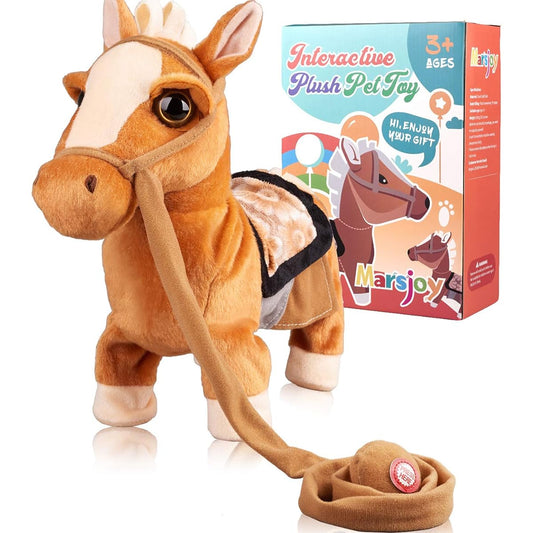 Walking Pony Toy Musical Singing Dancing Plush Interactive Pony Walk Along Horse Stuffed Animal with Leash Swinging Head and Butt Toy for Boys Girls Kids Ages 3+ Height: 11.8"