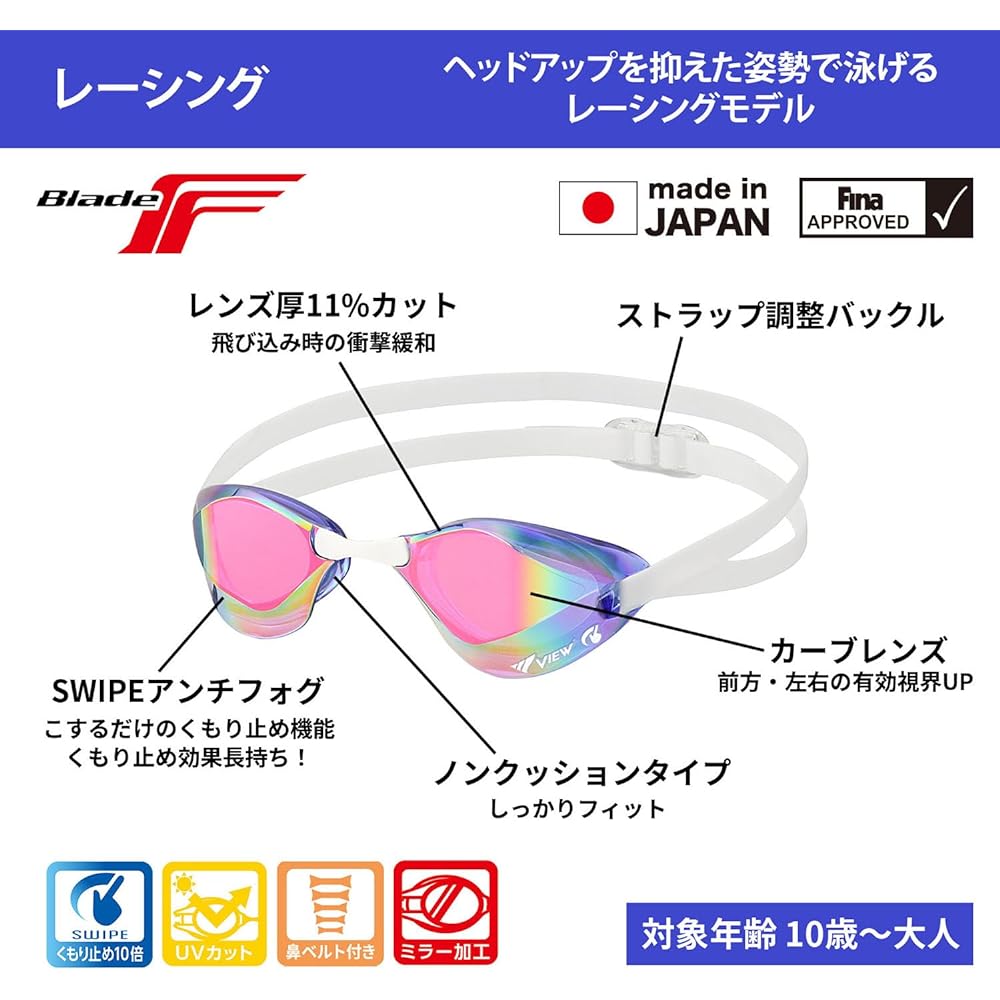 [View] Swimming Goggles BladeF Made in Japan Racing Mirror Type Non-Cushion
