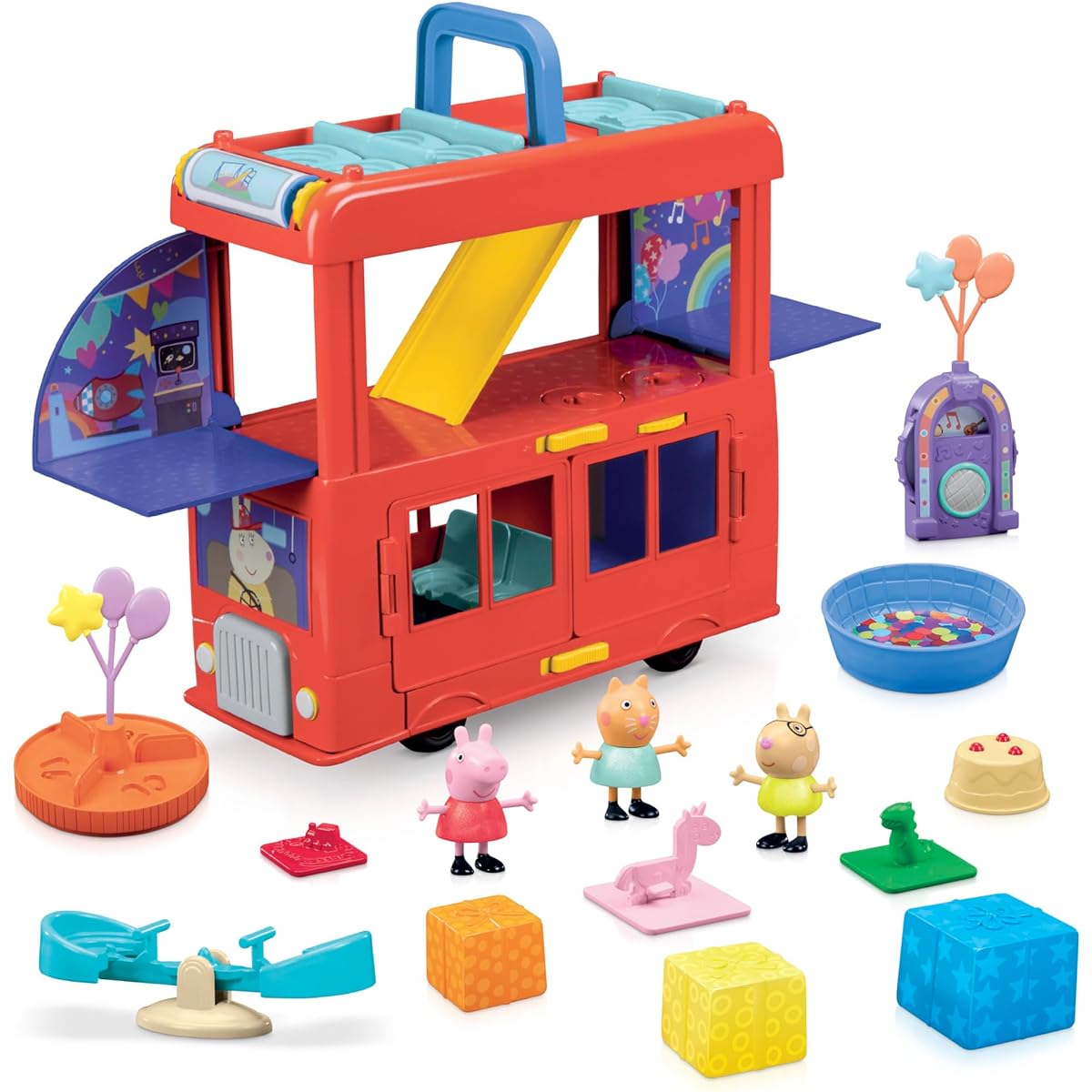 Peppa Pig 2-in-1 Party Bus Playset with 3 Figures and 13 Accessories - Preschool Toys for Girls and Boys Ages 3+