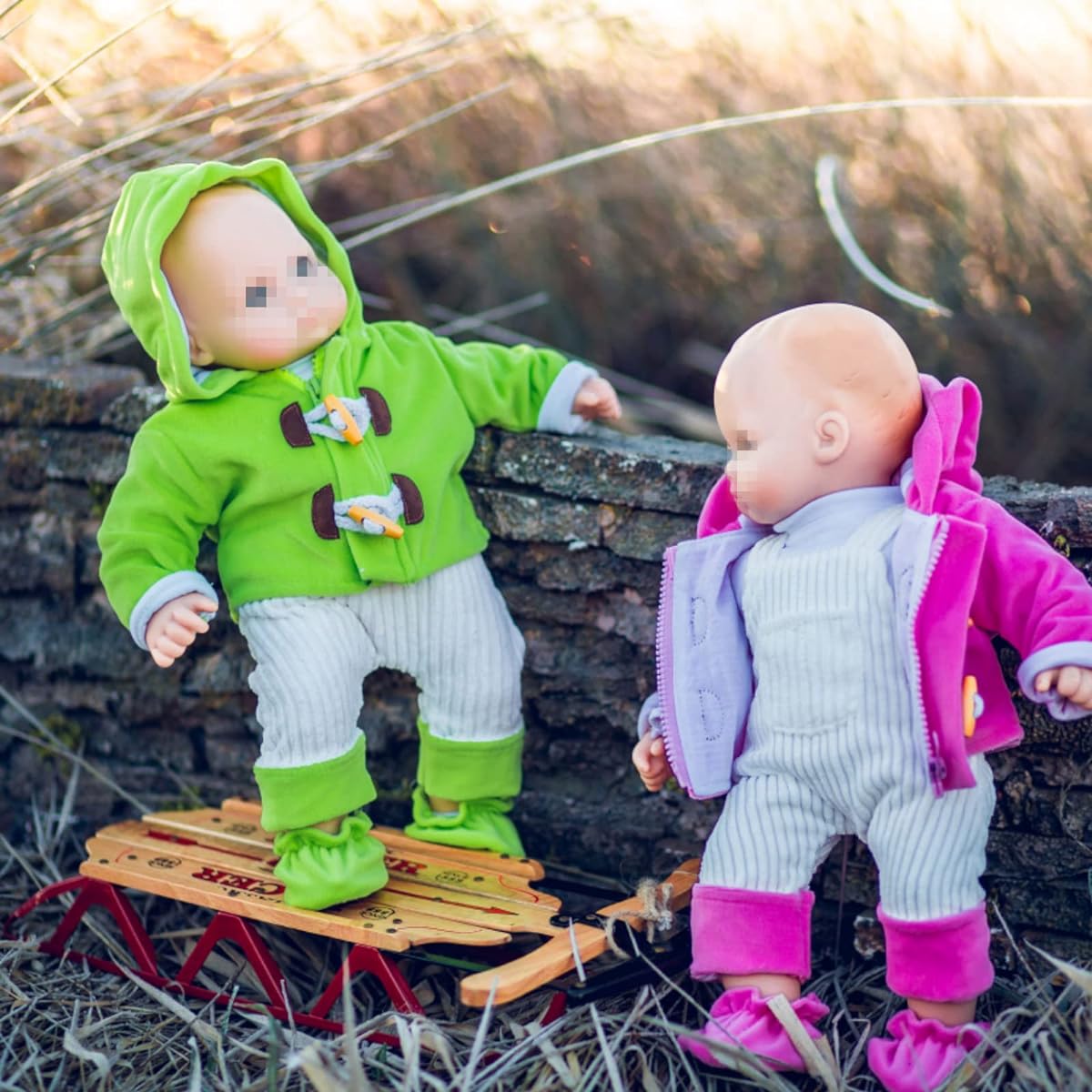 Set of 2 complete Bitty 15 inch baby dolls twin overall outfit pink & green, overalls, shirt, booties and shoes. Two Complete Outfits Fit Bitty Baby Twins