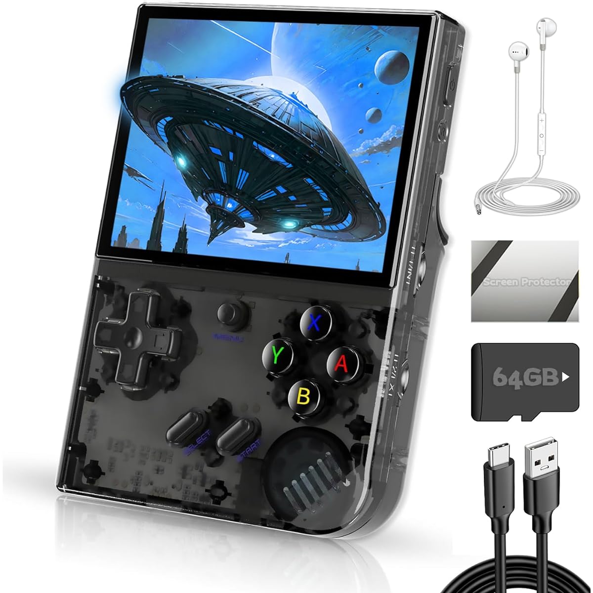 RG35XX Plus Handheld Game Console 3.5 Inch IPS Screen RG 35XX Plus Pre-installed Emulator System 64GB Transparent