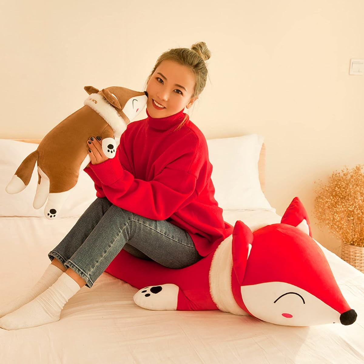 [FOQW] Plush fox body pillow cushion, realistic, cute, fluffy, soft, large, birthday, celebration, present, gift, interior, bedroom, for her, interior, toy, brown, gift, body pillow, 120cm, cushion, stuffed animal