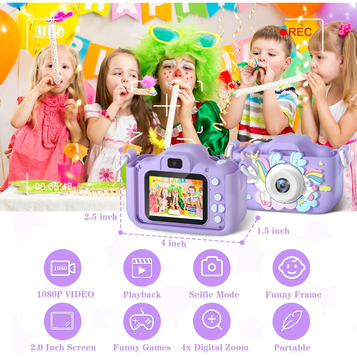 Anesky Kids Camera, Toy Camera for 3 4 5 6 7 8 9 10 11 12 Year Old Girls/Boys, Kids Digital Camera for Toddler with Video, Best Birthday Festival Gift Selfie Camera for Kids with 32GB Card - Purple
