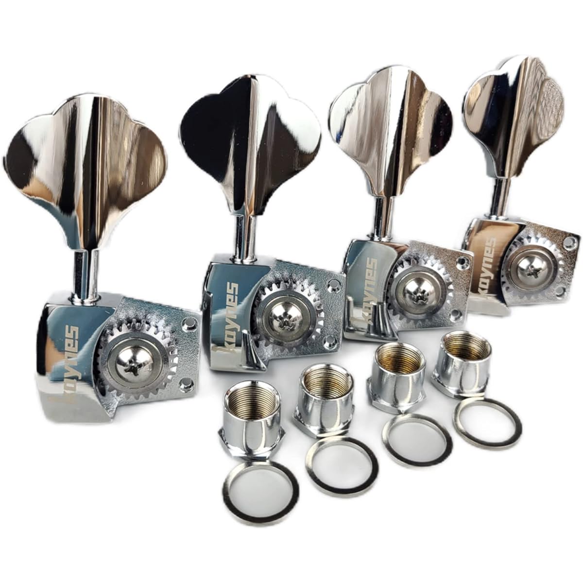 KAYNES Bass Tuners 1:26 Ratio Open Gear Tuning Keys Pegs Guitar Machine Head Tuners for Jazz or Precision Electric Bass Instruments Chrome Silver (Right 4 Pieces)
